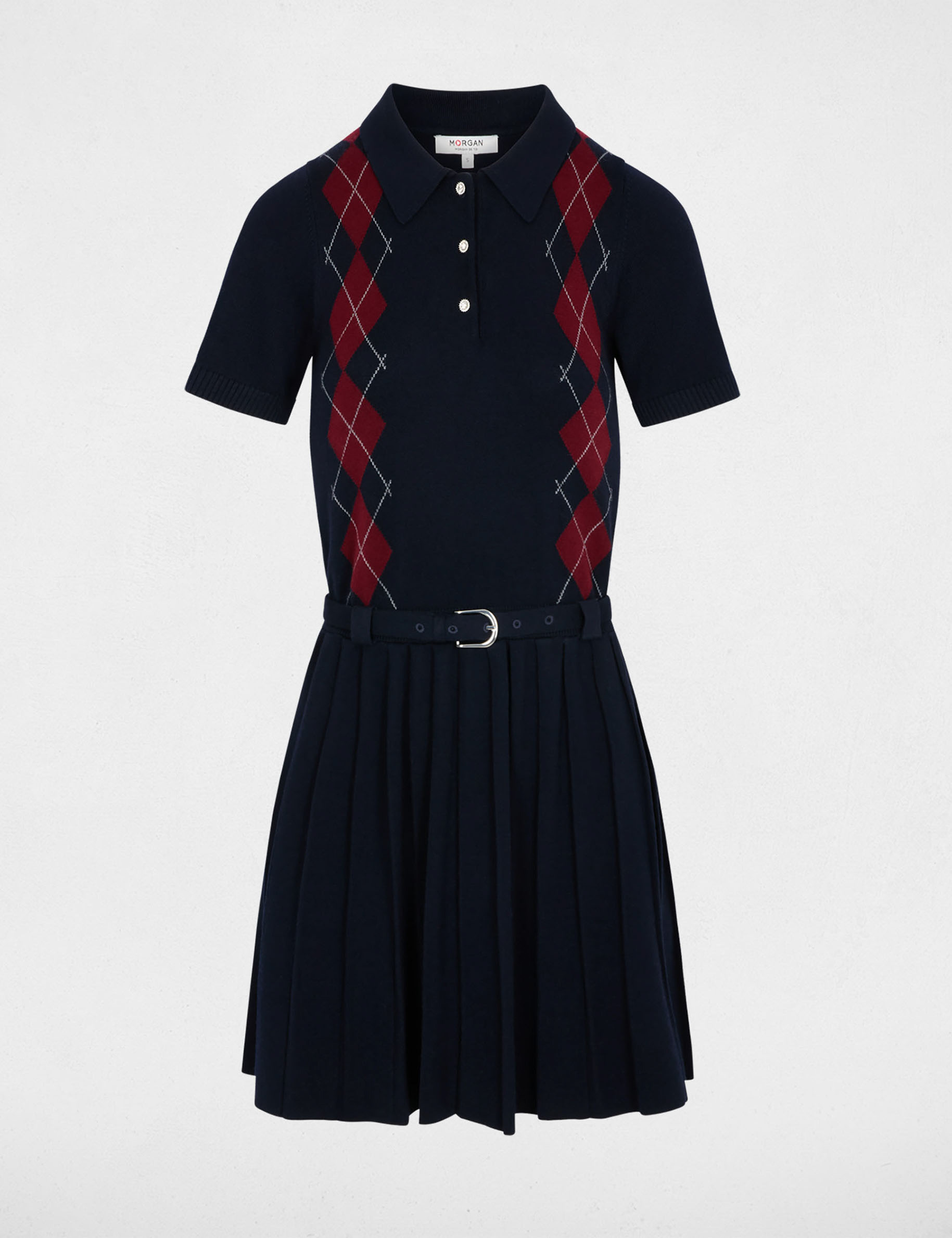 Robe tricot col &agrave; revers bleu marine femme