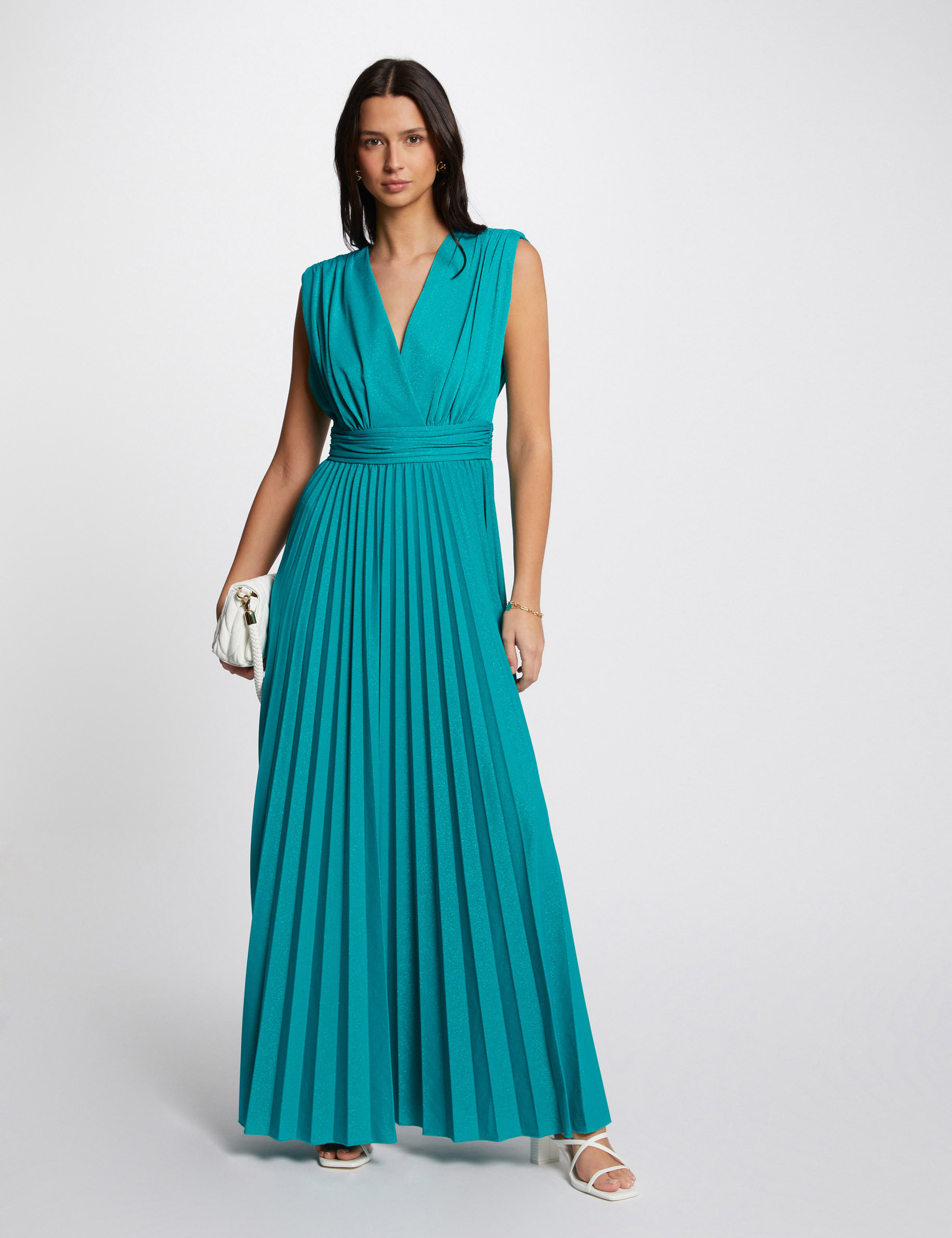 Robe longue évasée plissée turquoise femme