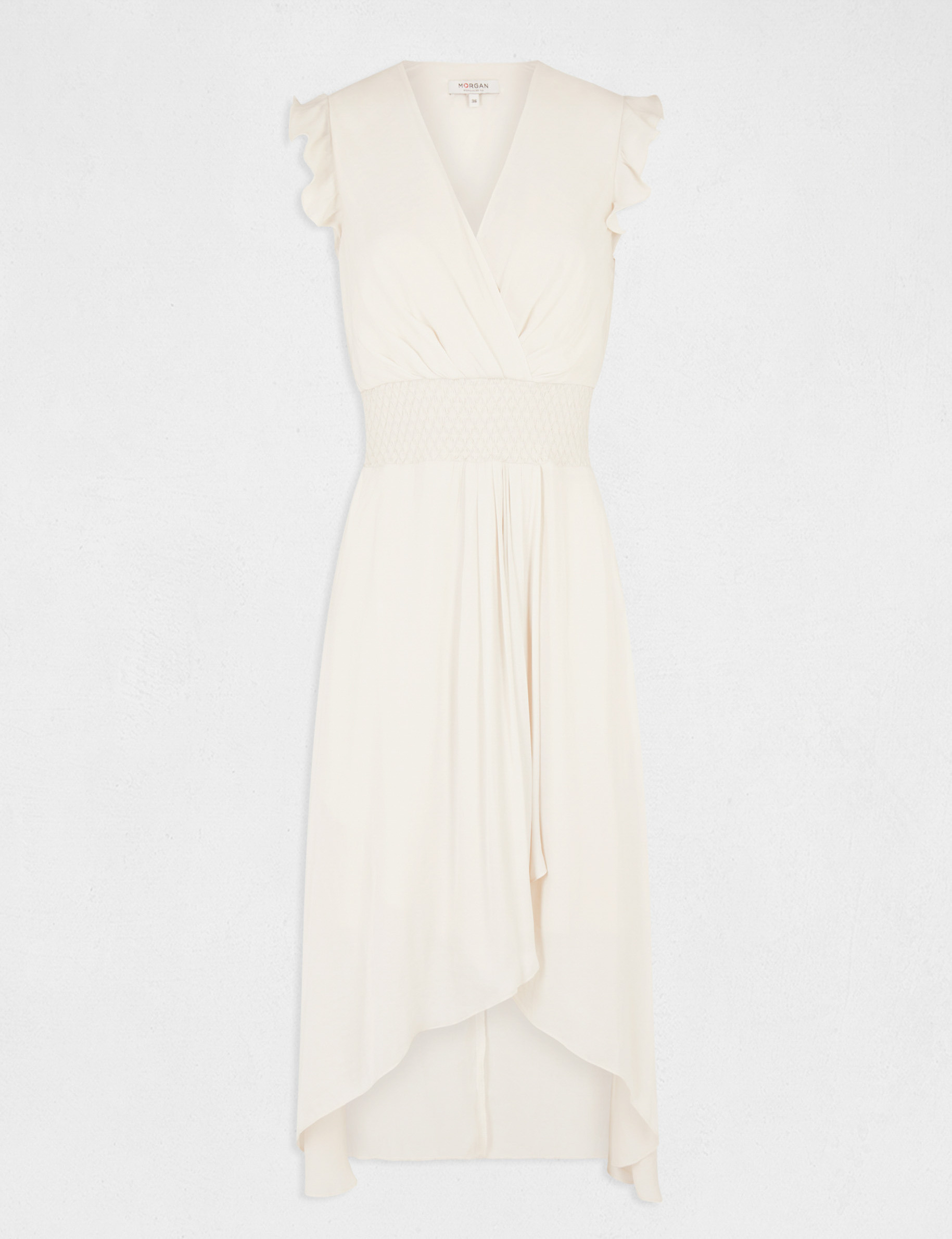 Robe midi évasée fluide drapée smockée ecru moyen femme Robe midi évasée fluide drapée smockée ecru moyen femme