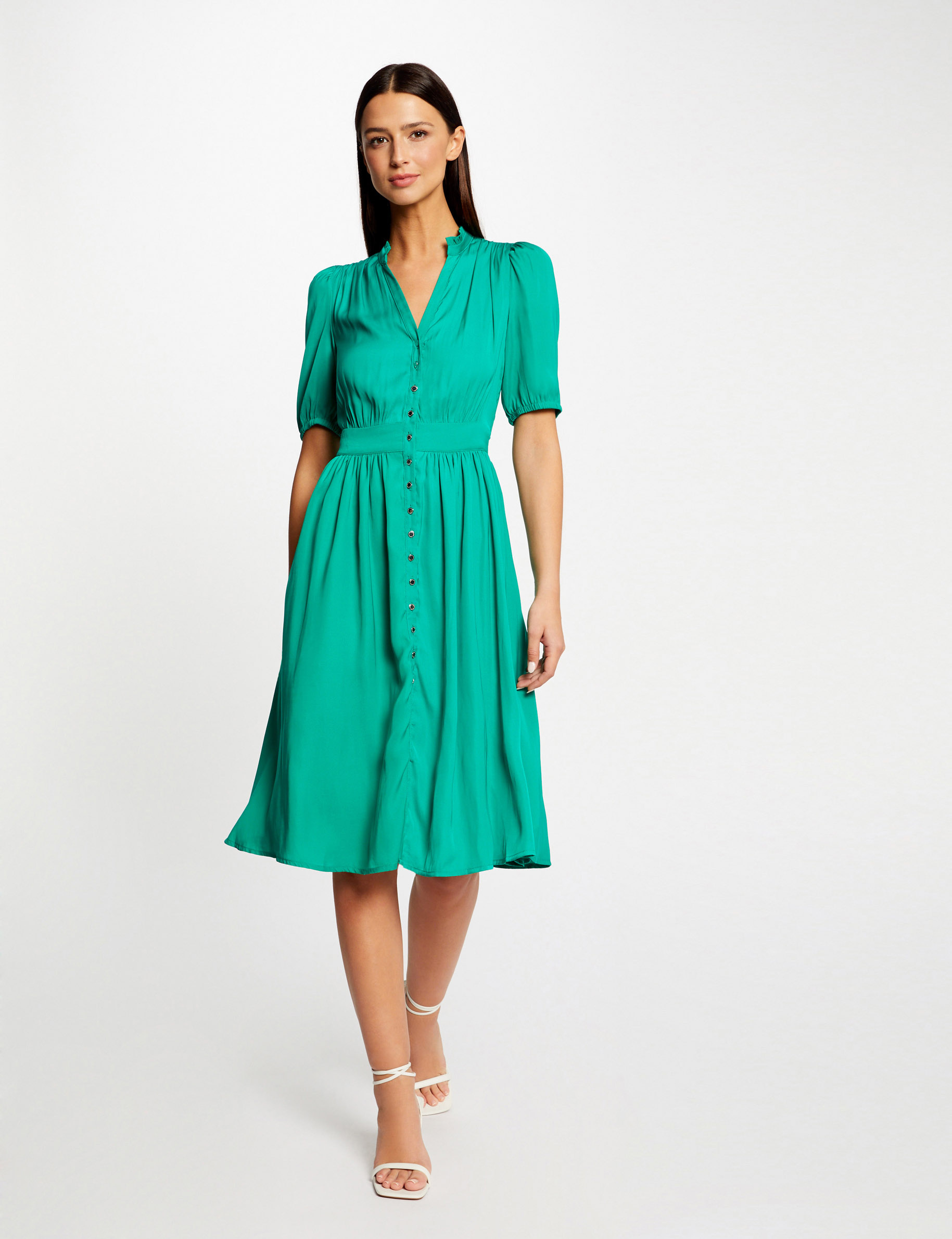 Robe manches 3/4 boutonnée à l'avant vert moyen femme Robe manches 3/4 boutonnée à l'avant vert moyen femme