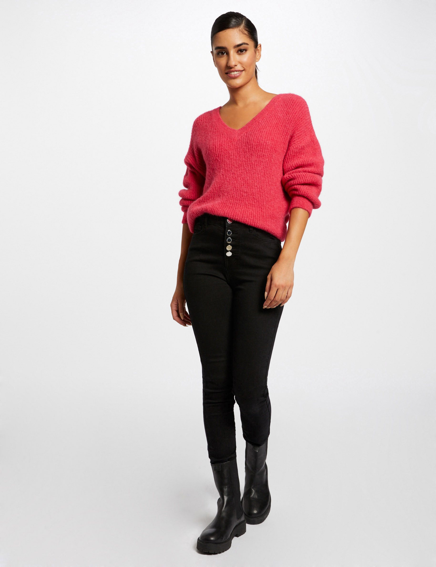 Pull manches longues à col en V framboise femme Pull manches longues à col en V framboise femme