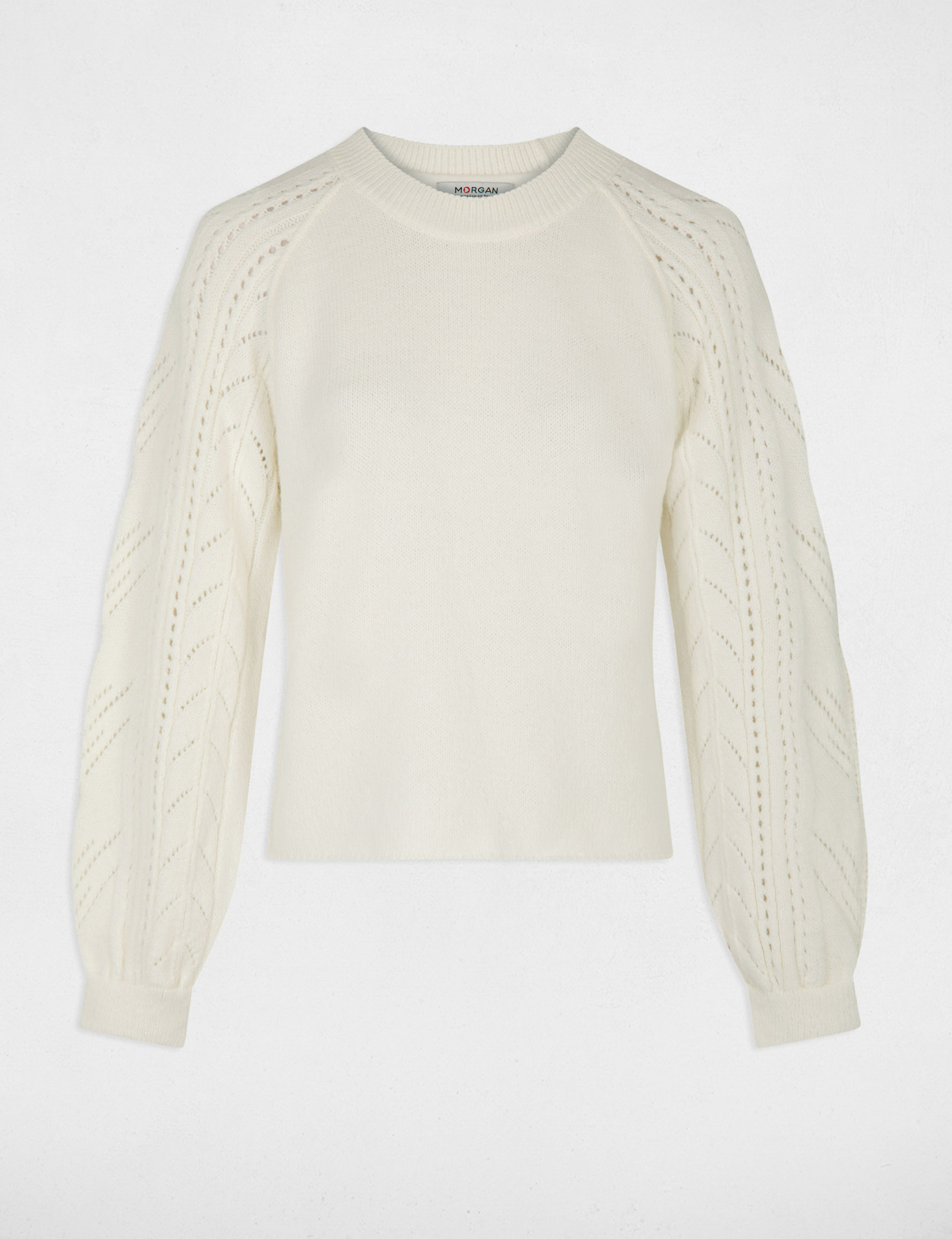 Pull manches longues détails ajourés ivoire femme