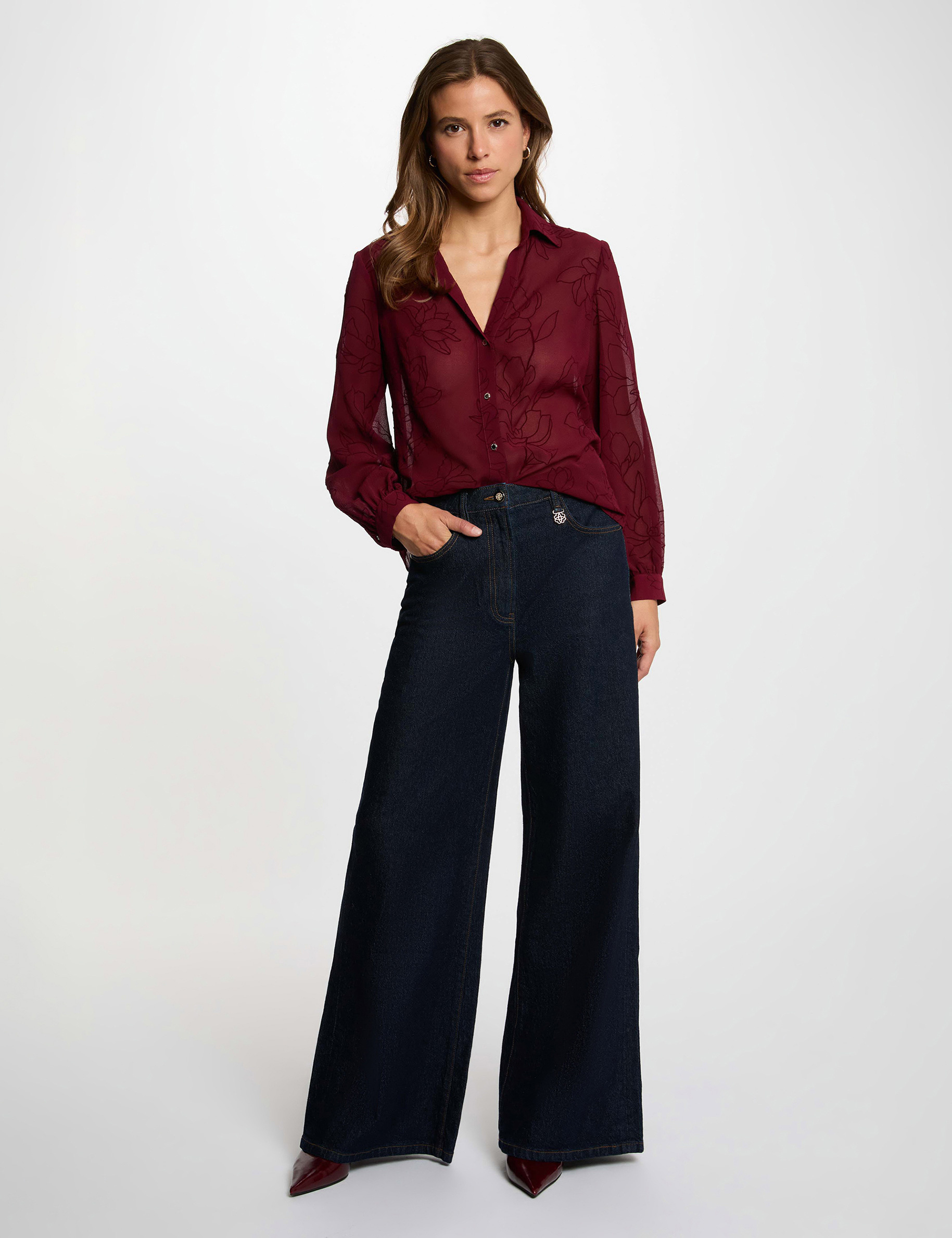 Chemise voile imprim&eacute;e bordeaux femme