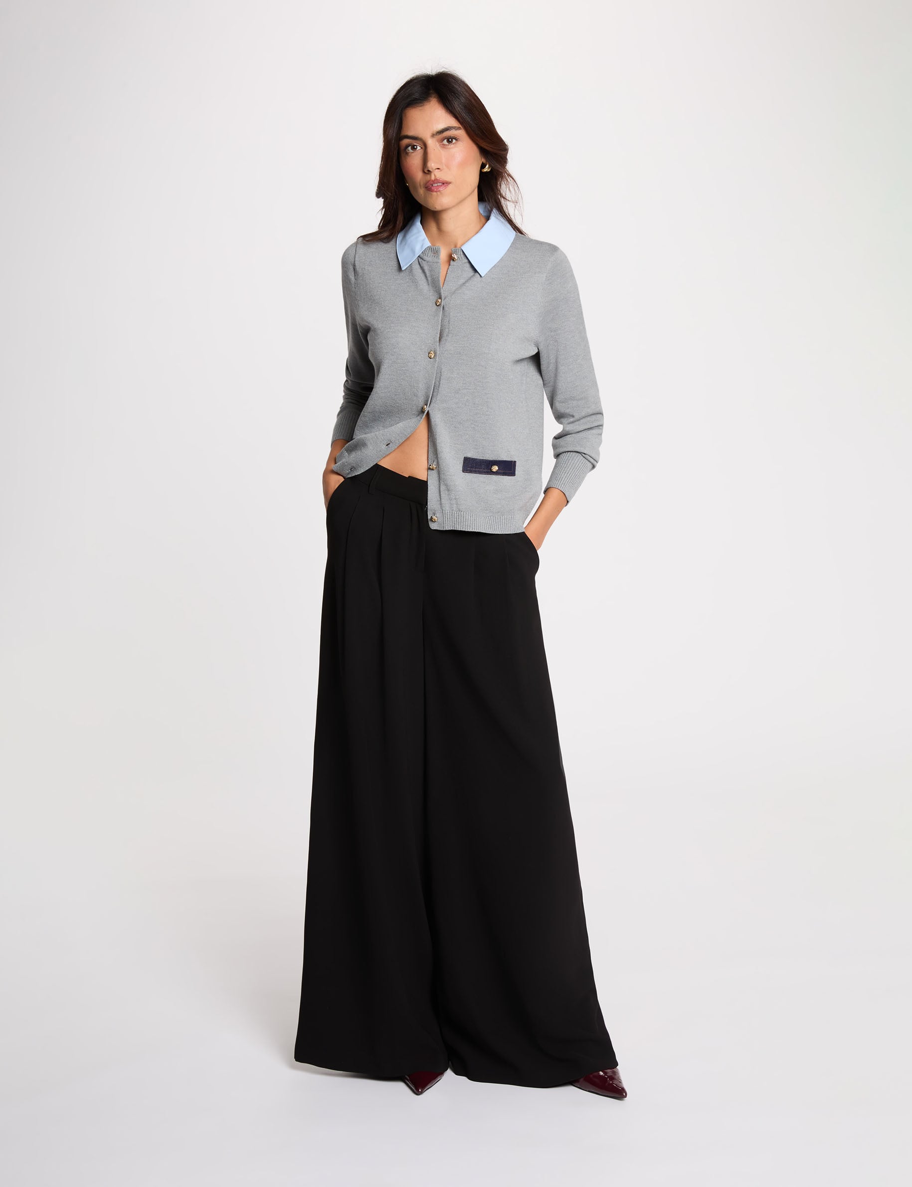 Pull col &agrave; revers gris clair femme