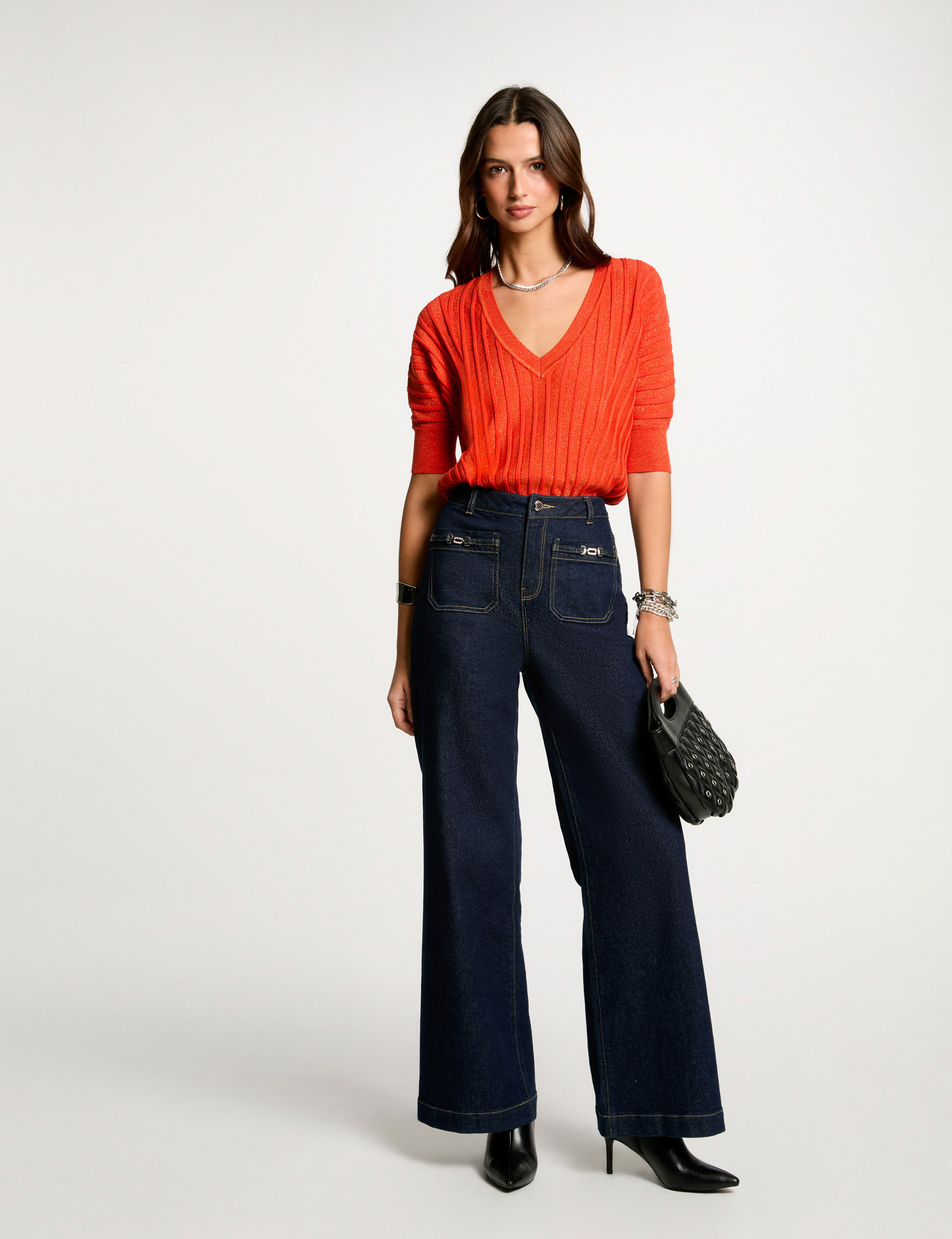Pull manches 3/4 col en V orange fonc&eacute; femme