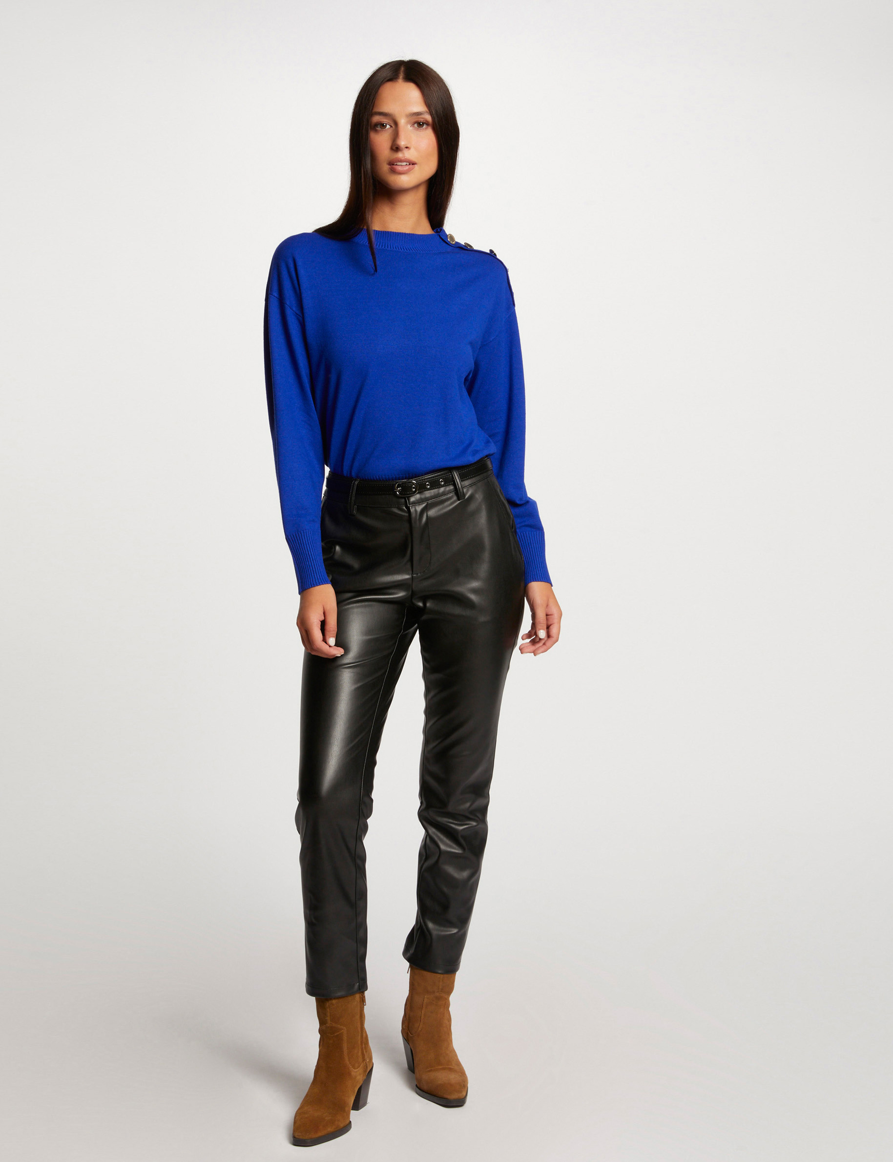 Pull manches longues col rond bleu electrique femme