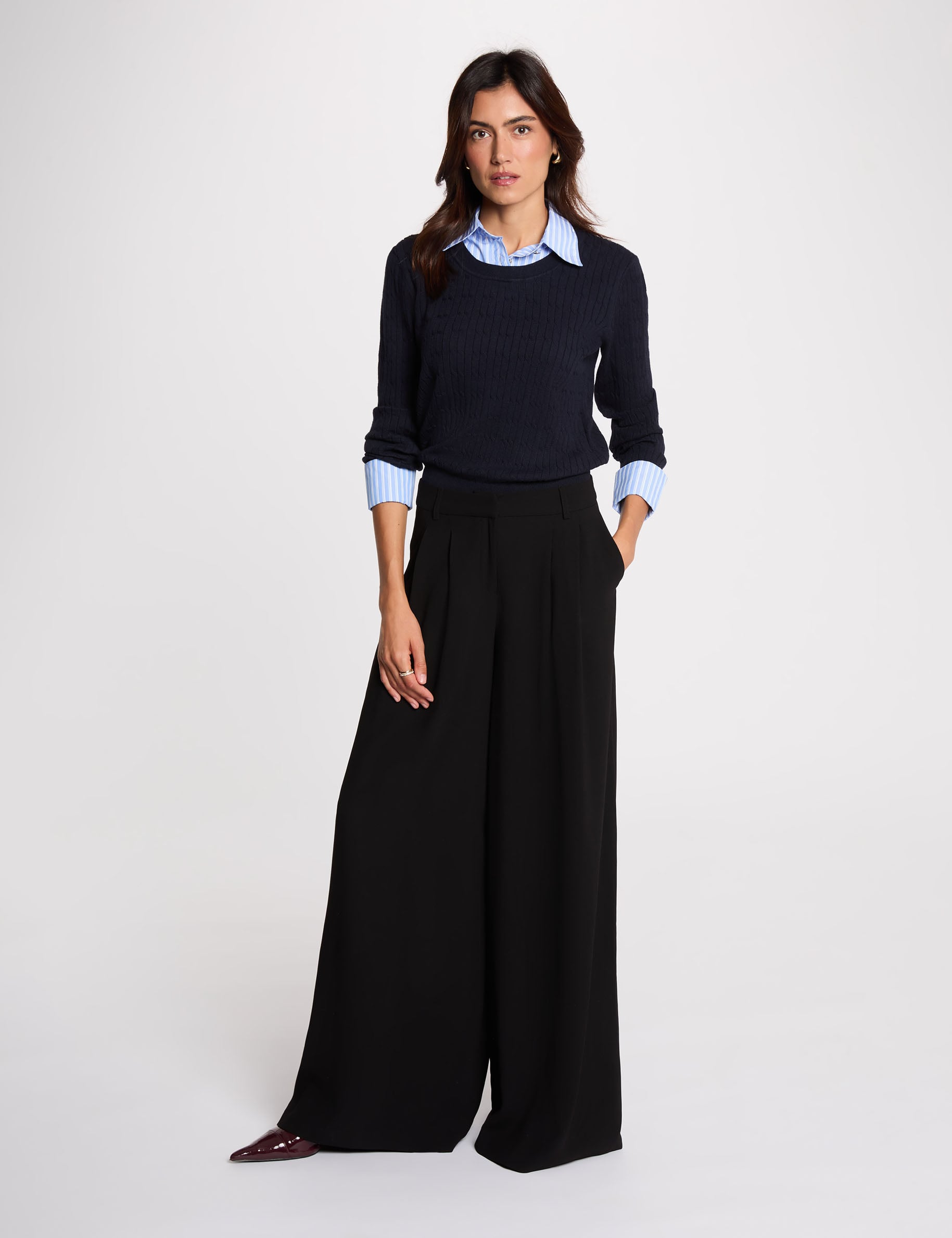 Pull col chemise bleu marine femme