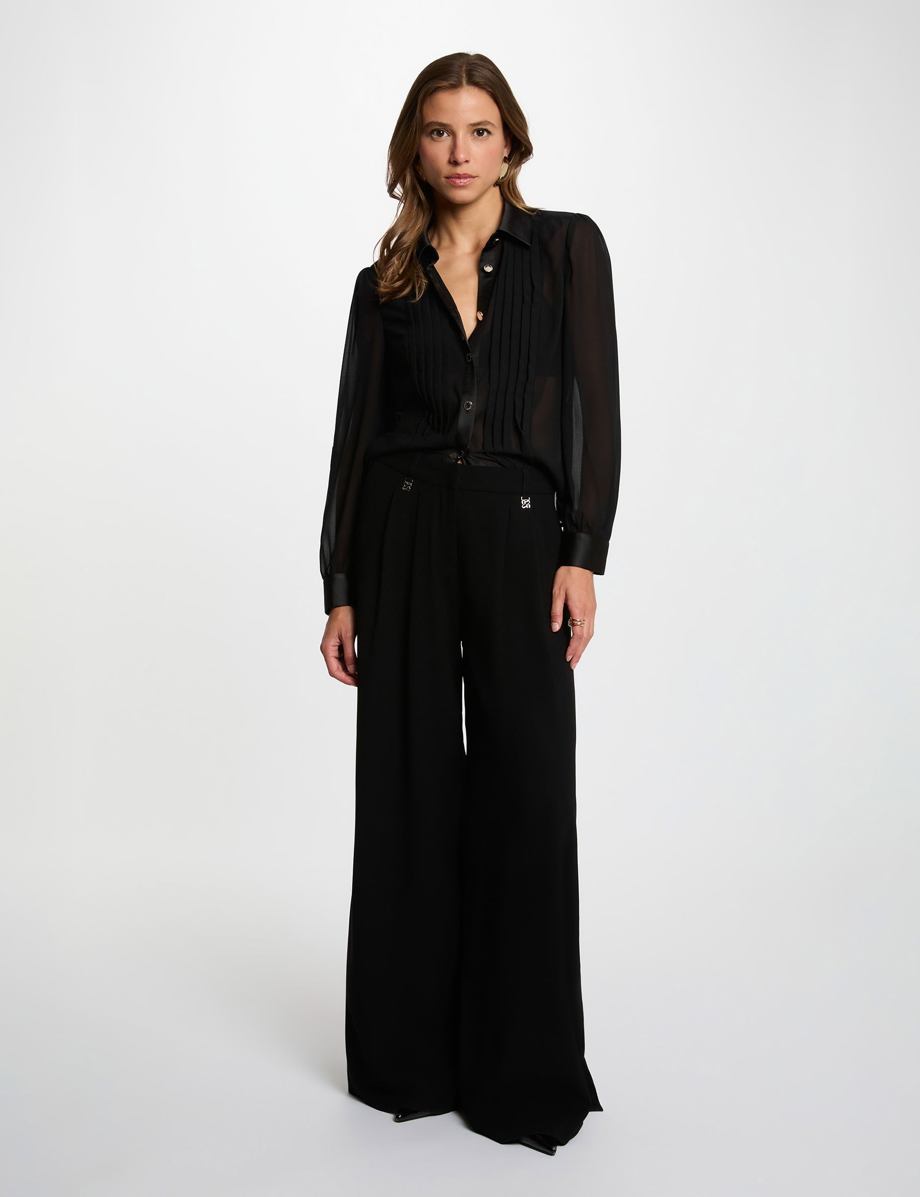 Chemise voile col &agrave; revers noir femme