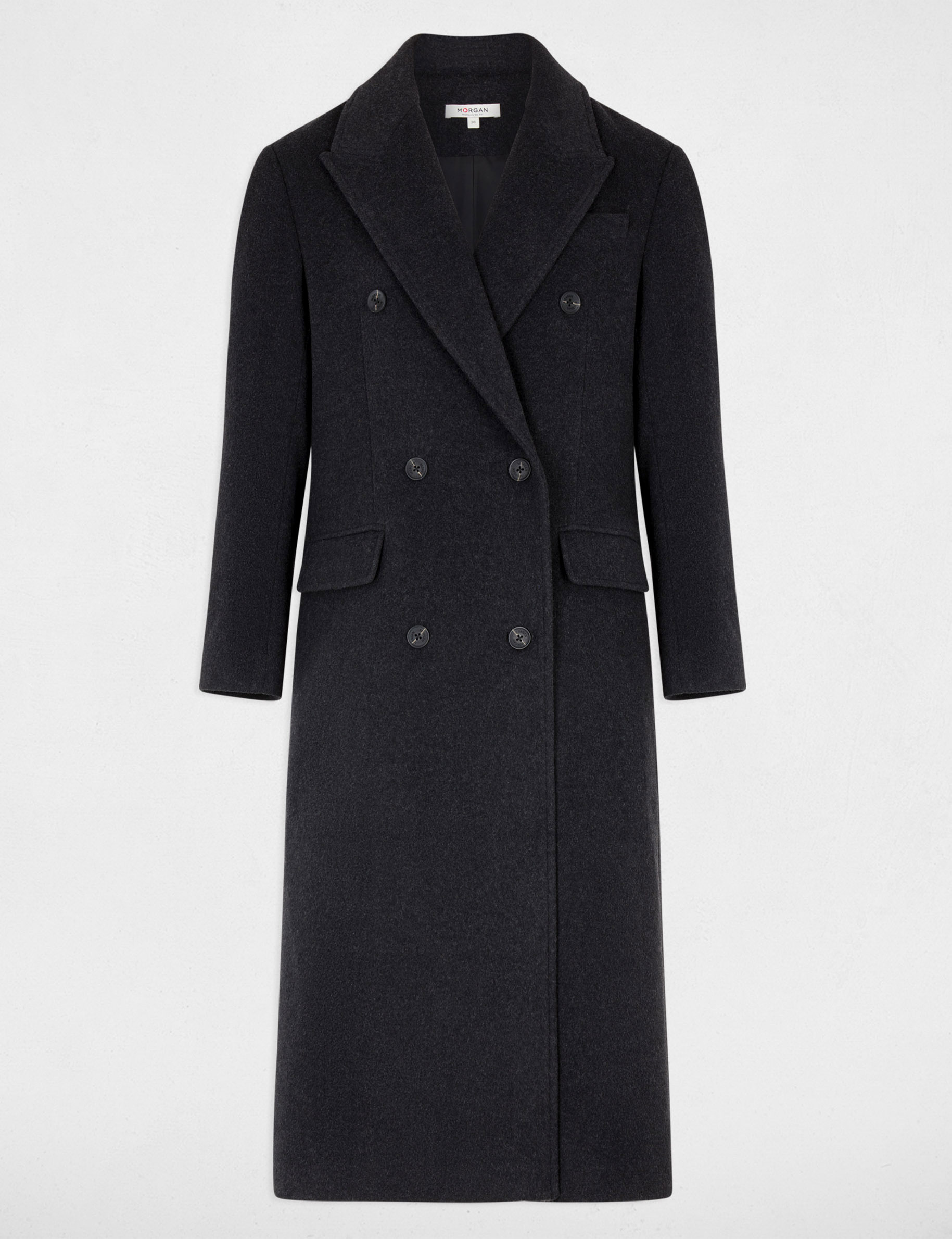 Manteau long col tailleur denim gris fonce femme
