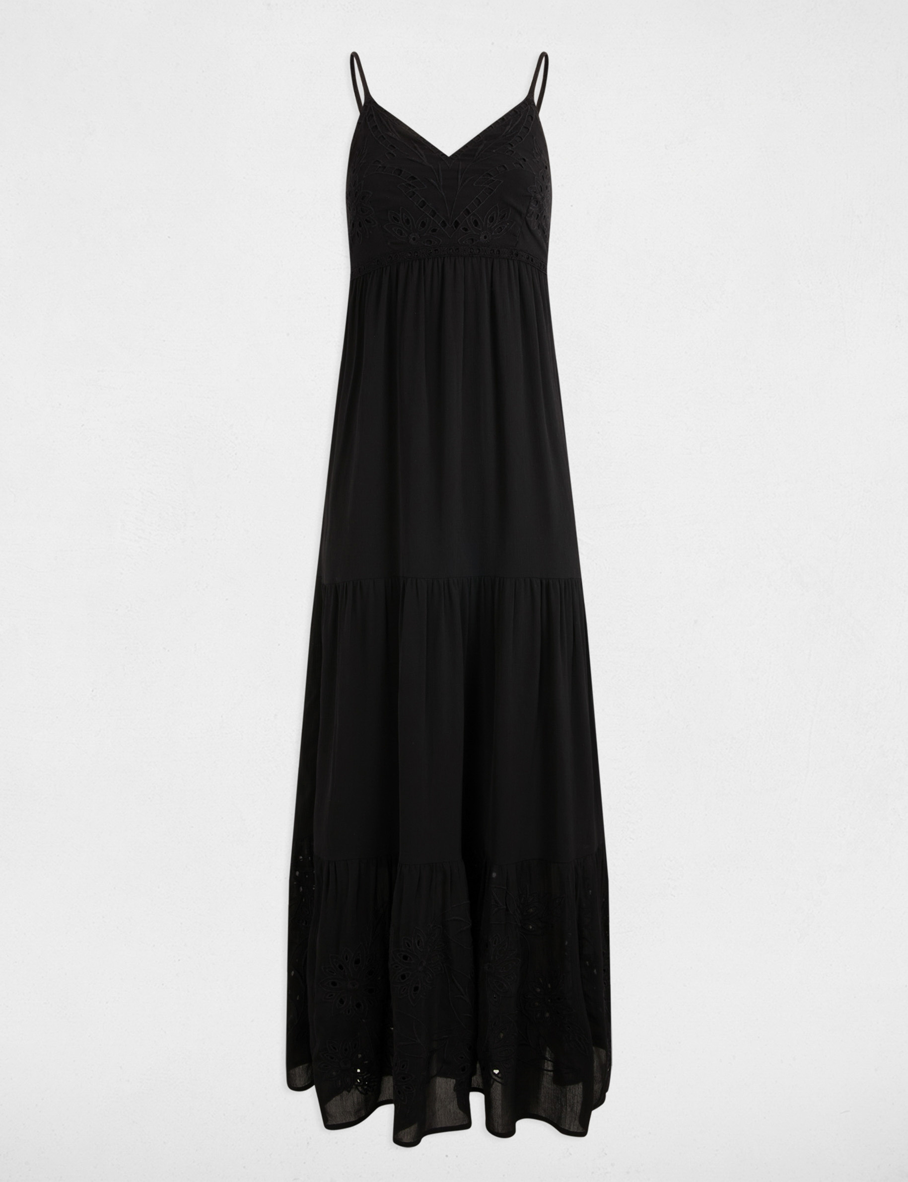 Robe longue fluide broderie noir femme