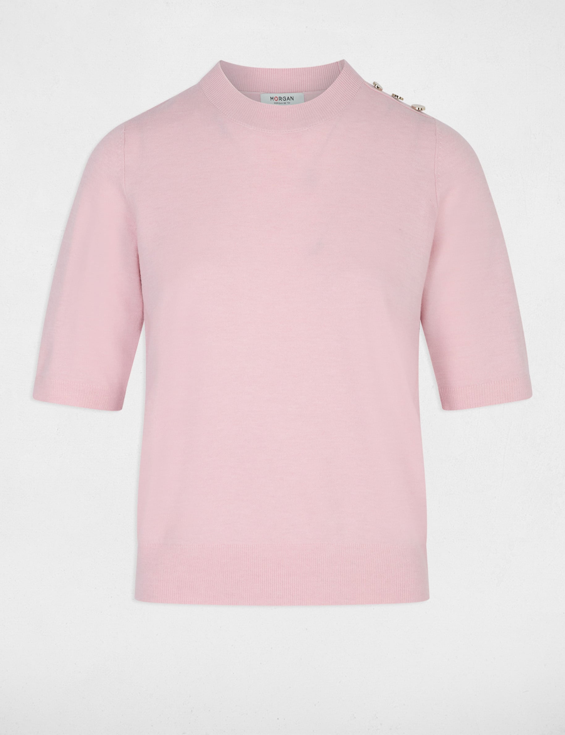 Pull col rond manches courtes rose pastel femme