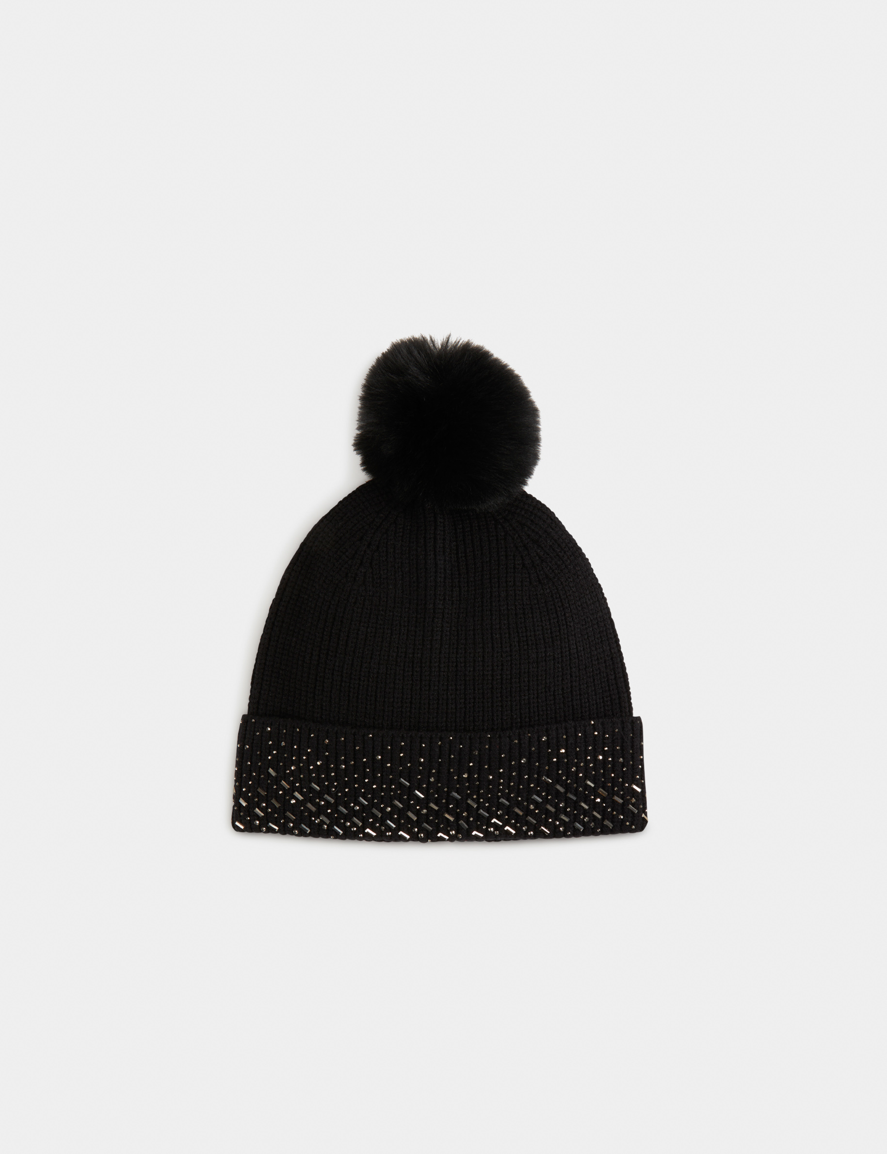 Bonnet avec strass et pompon noir femme