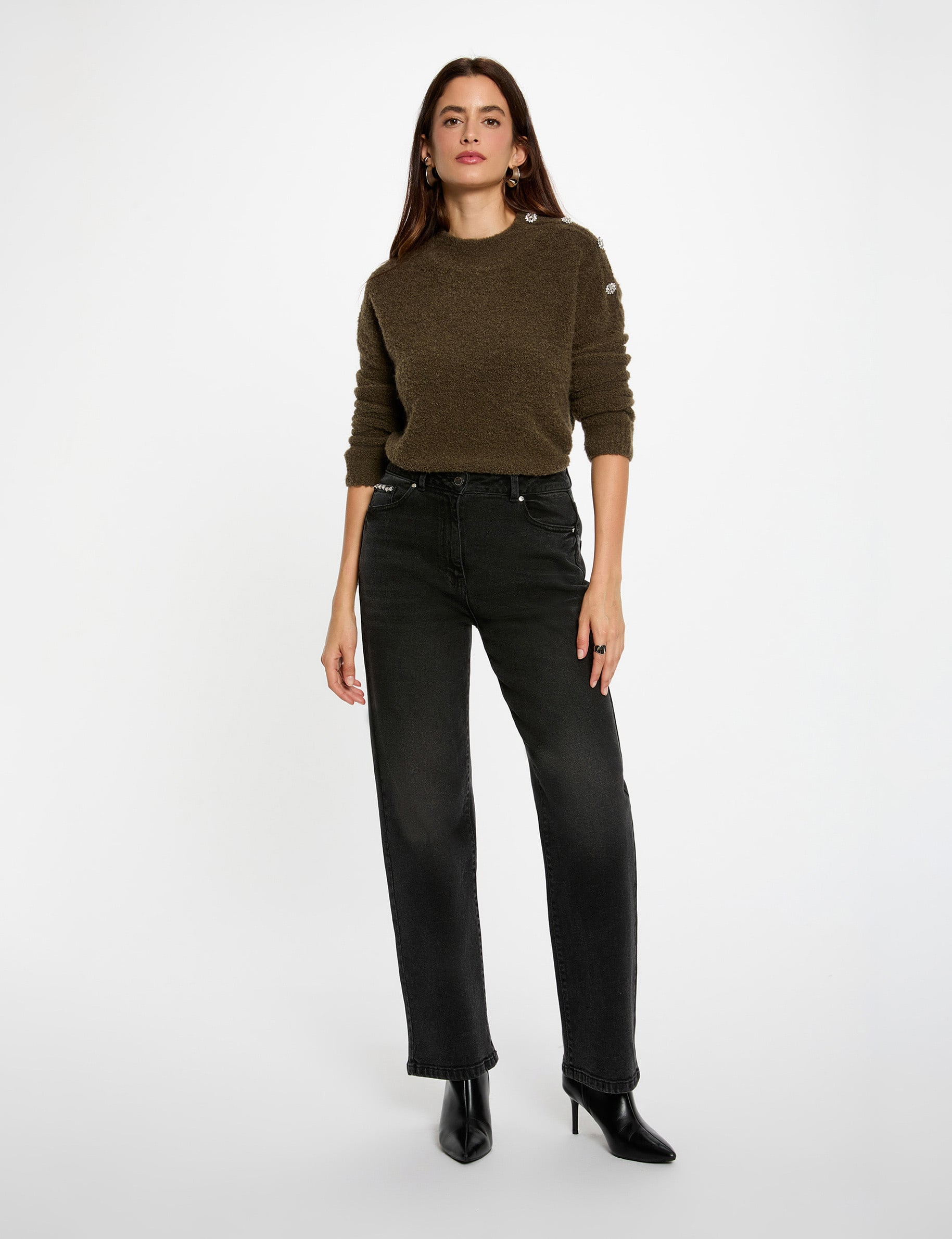 Pull col montant et boutons vert kaki femme