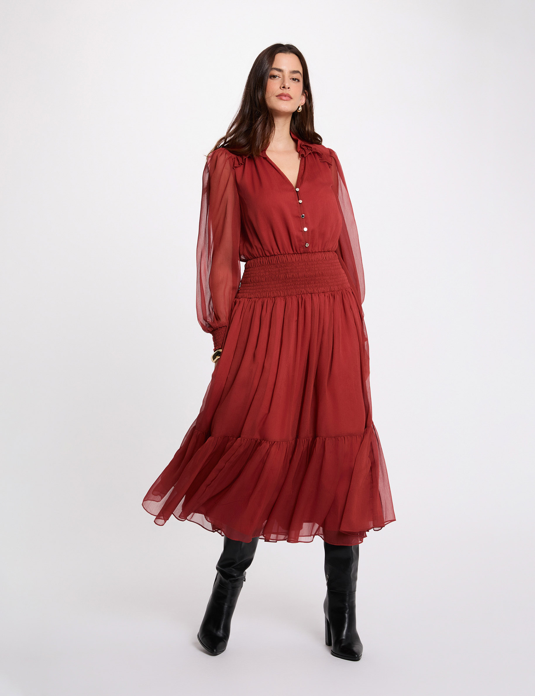 Robe longue col v orange fonc&eacute; femme