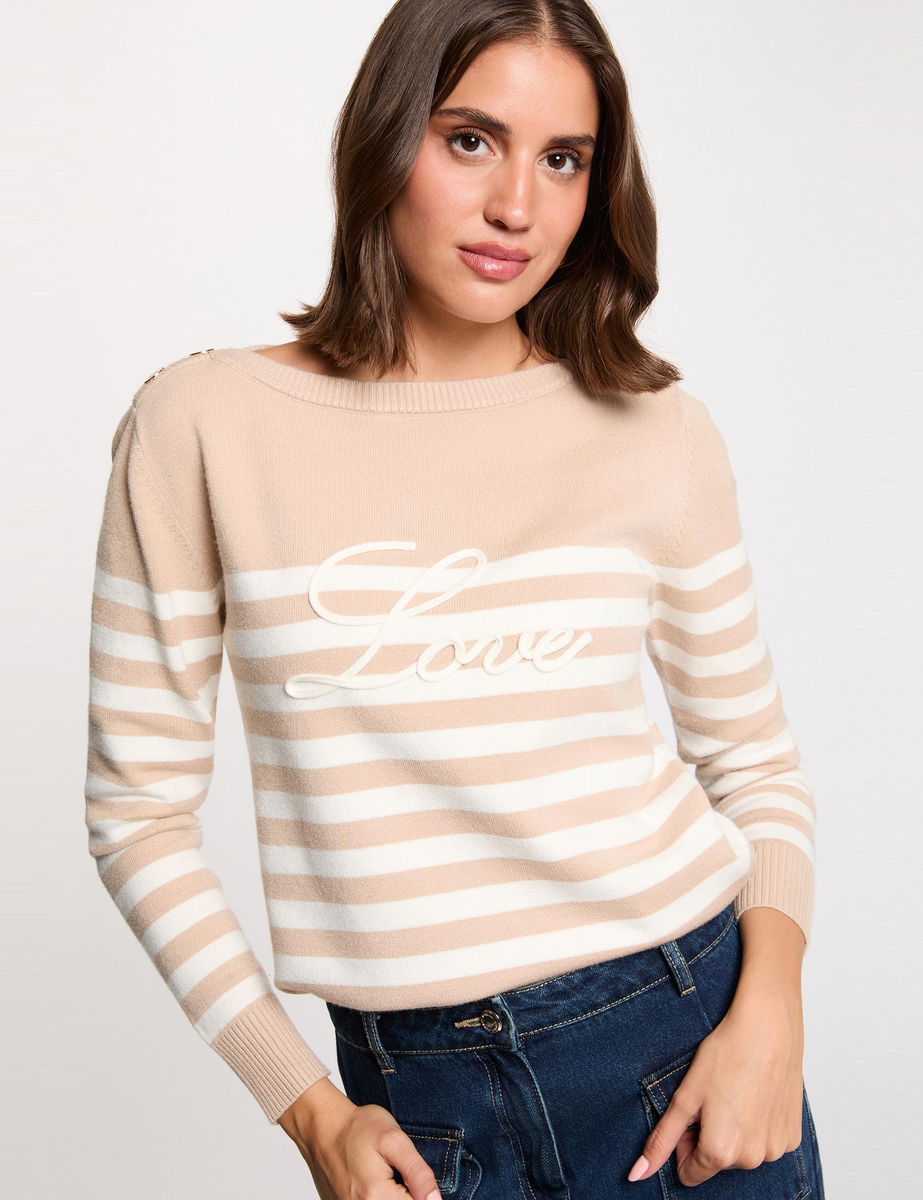Pull ray&eacute; brod&eacute; marron clair femme