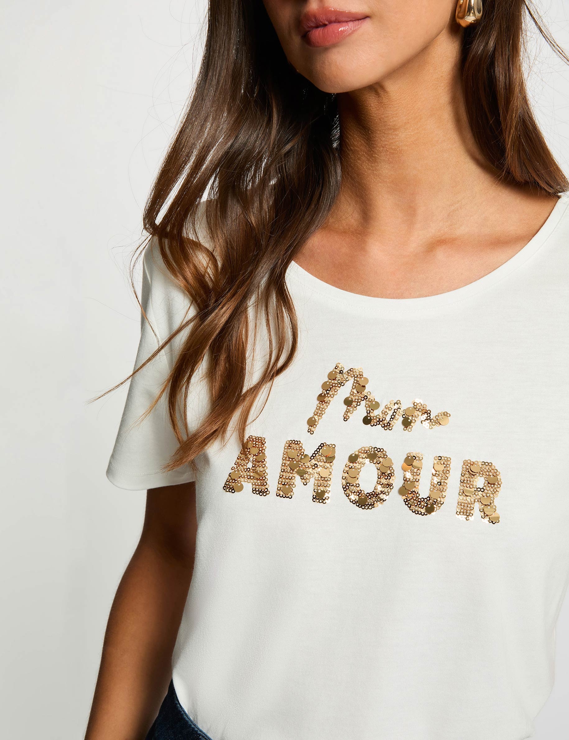 T-shirt brod&eacute; sequins blanc femme