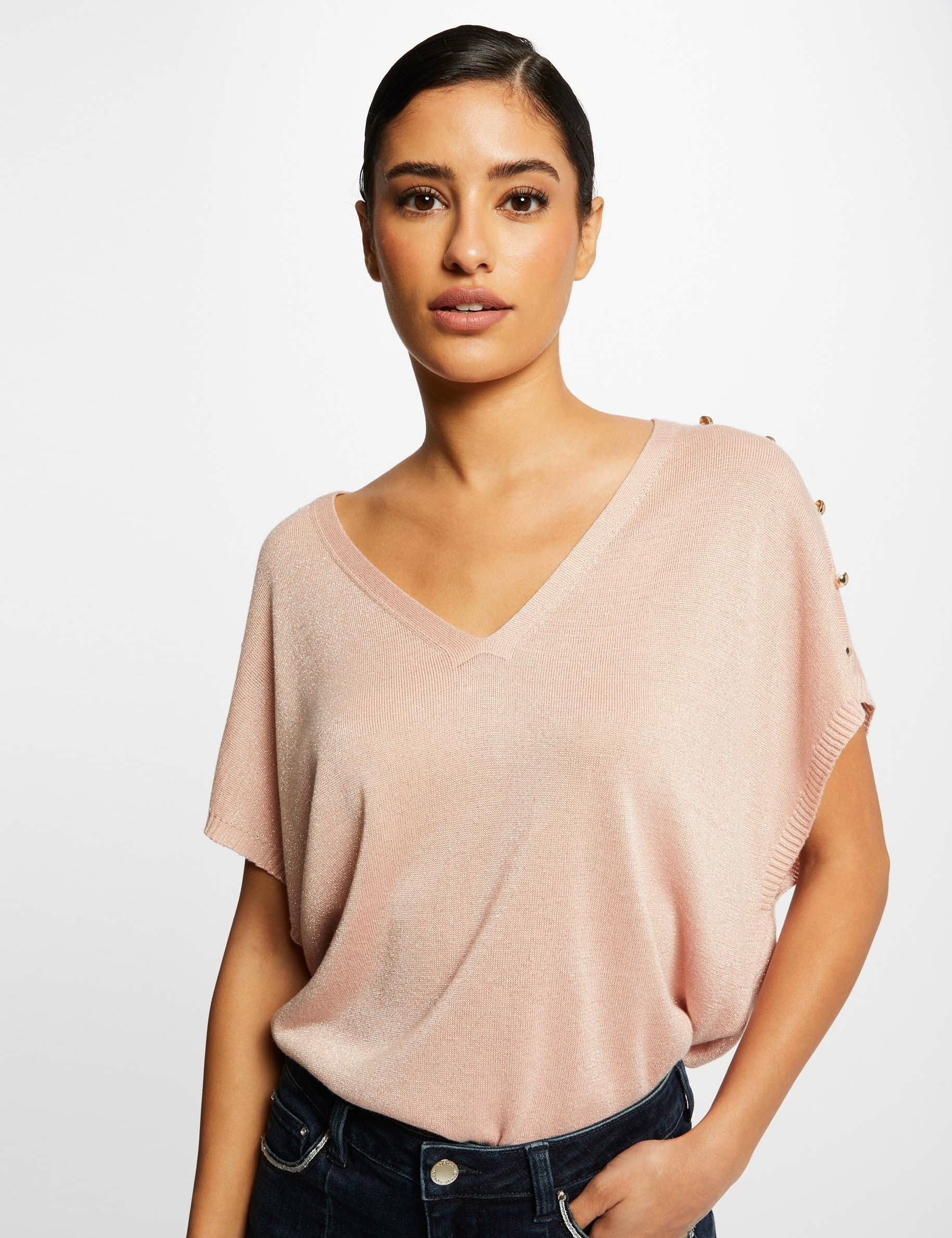 Pull manches courtes à col en V rose clair femme
