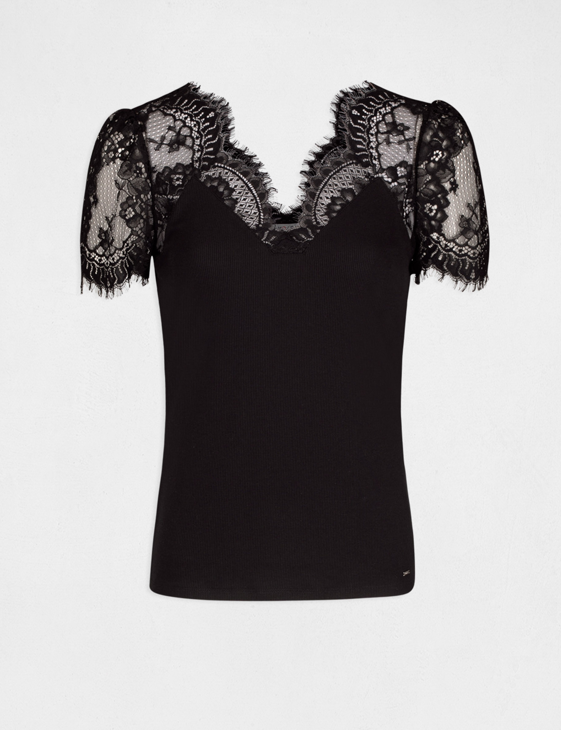 T-shirt manches courtes &agrave; dentelle noir femme