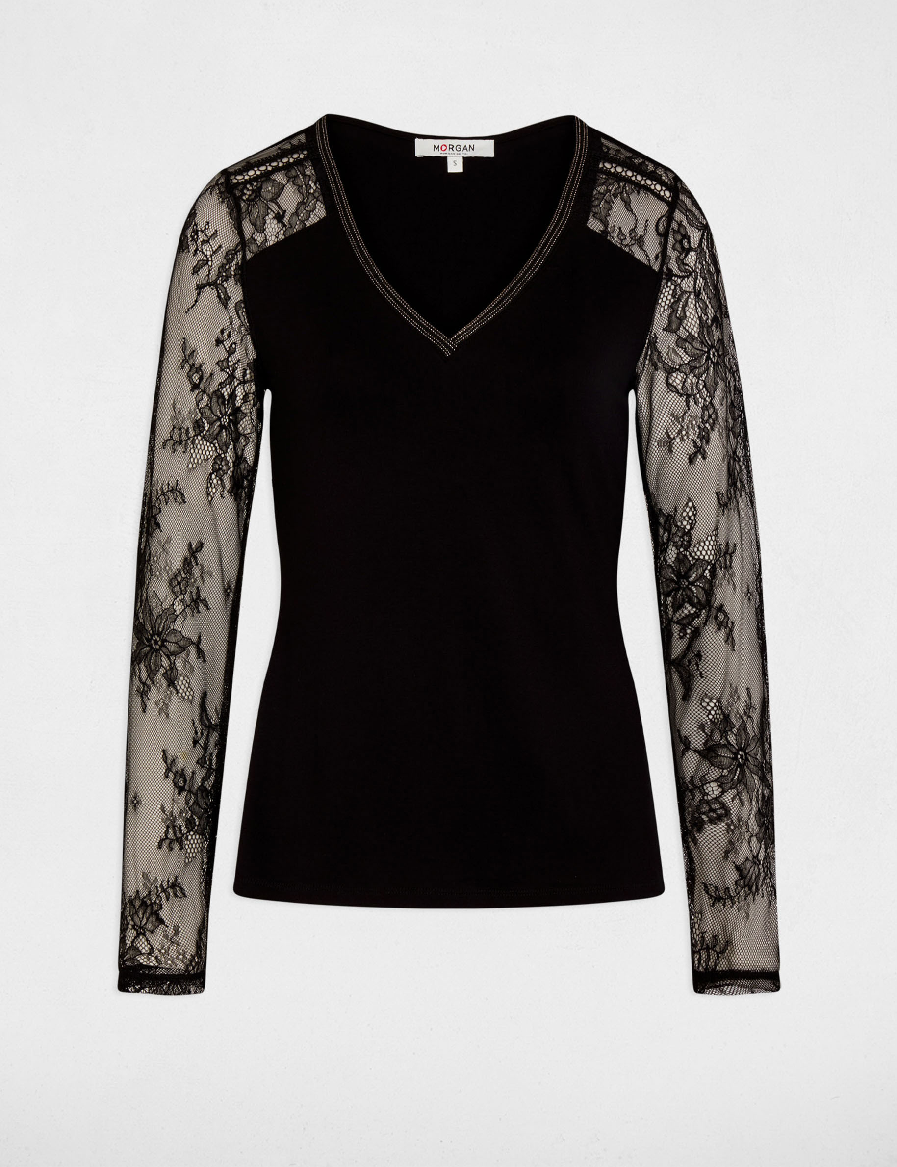 T-shirt dentelle col v noir femme