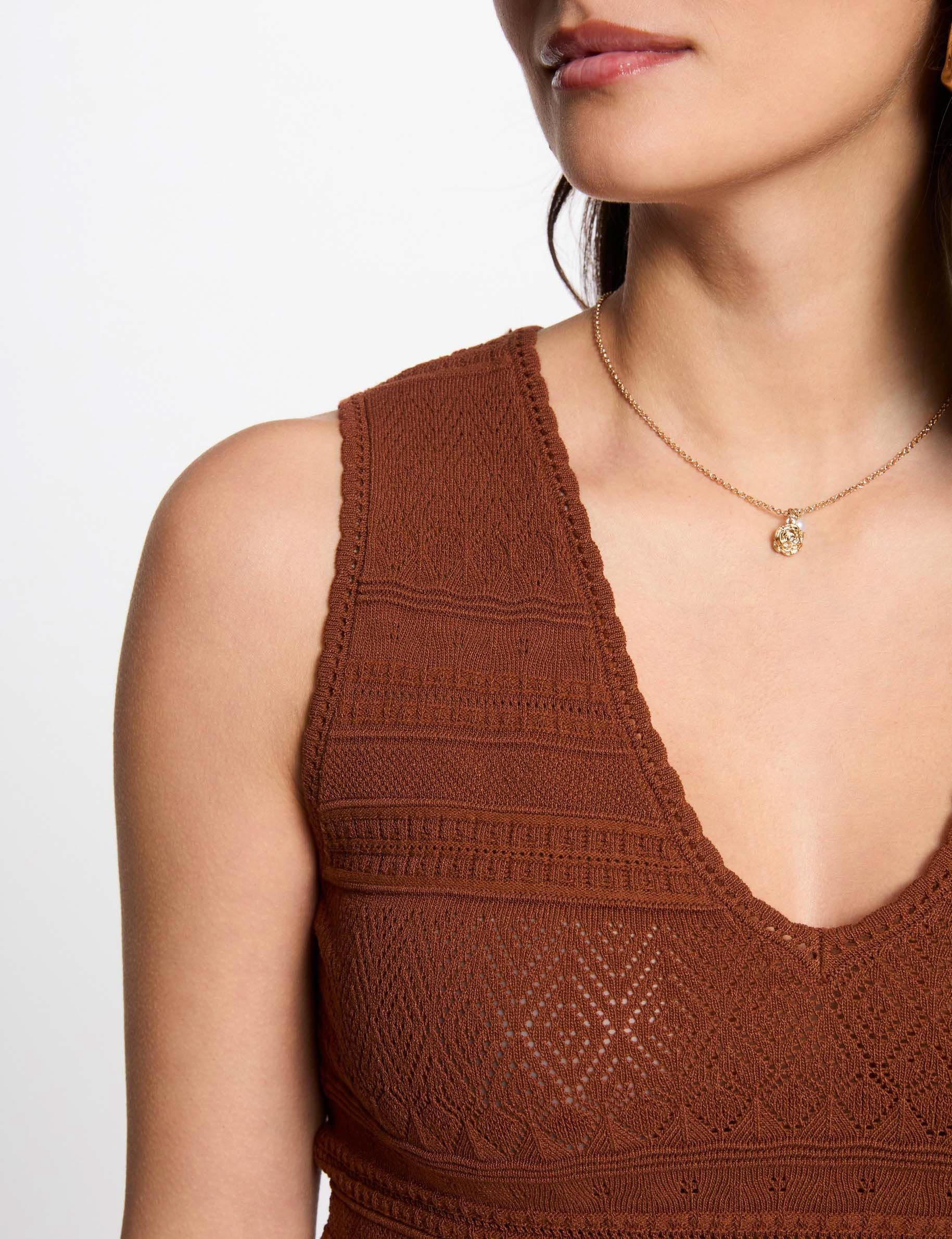 top maille col en v marron cognac femme Top maille col en V marron cognac femme