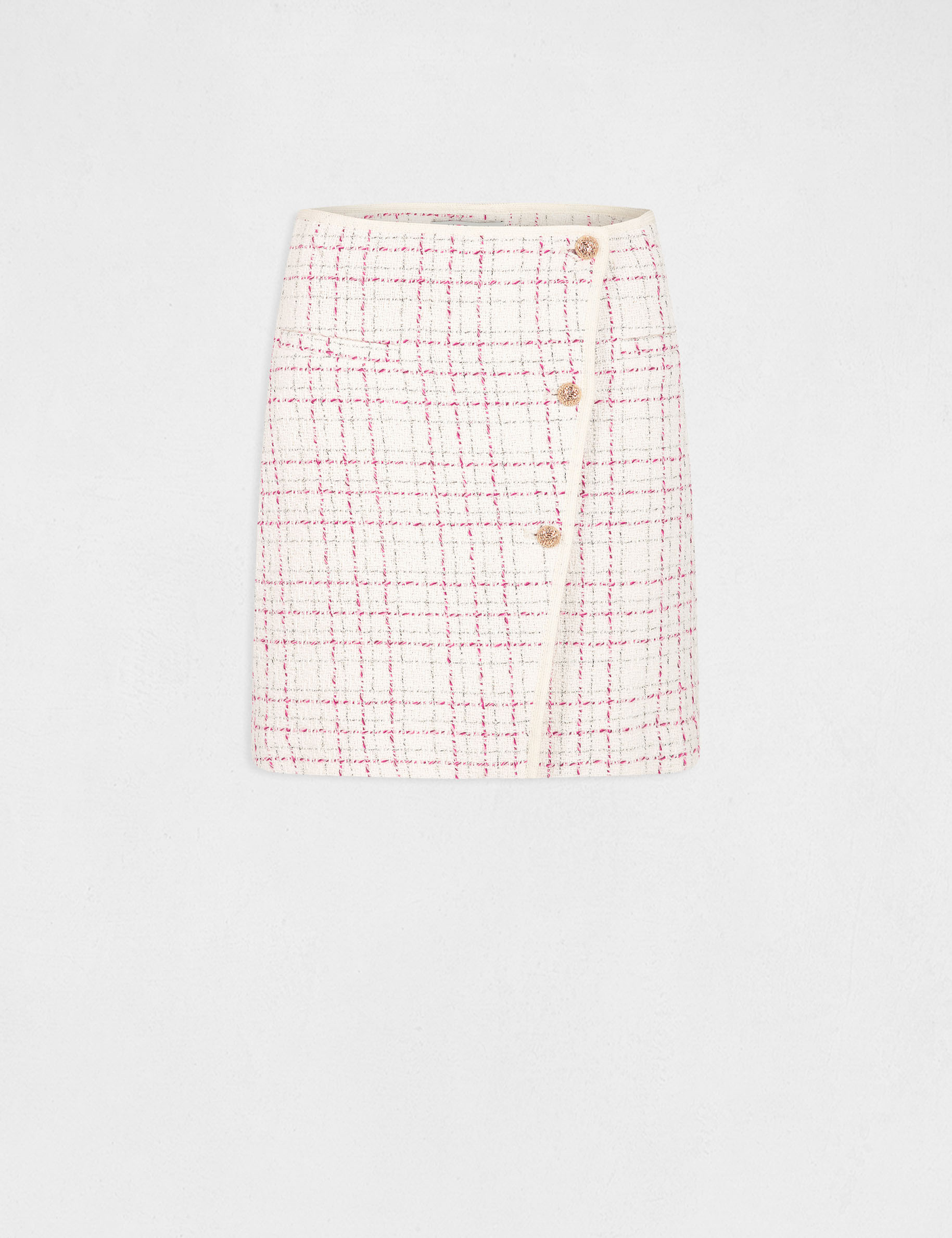 Jupe droite boutonnée à carreaux ecru femme