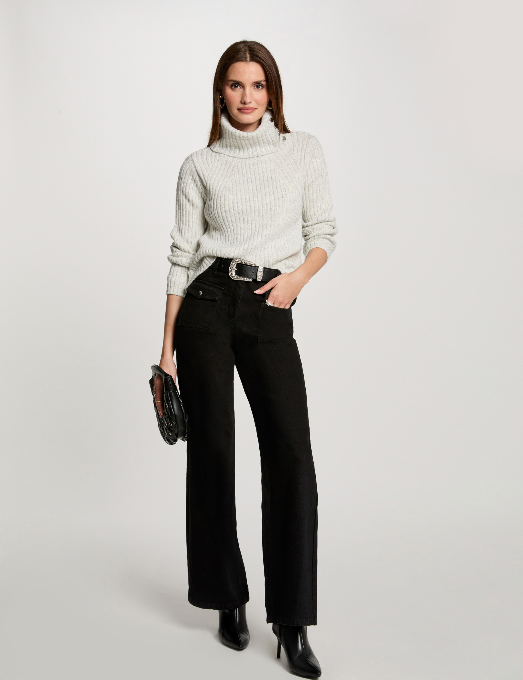 pull col roule a boutons gris clair femme Pull col roulé à boutons gris clair femme