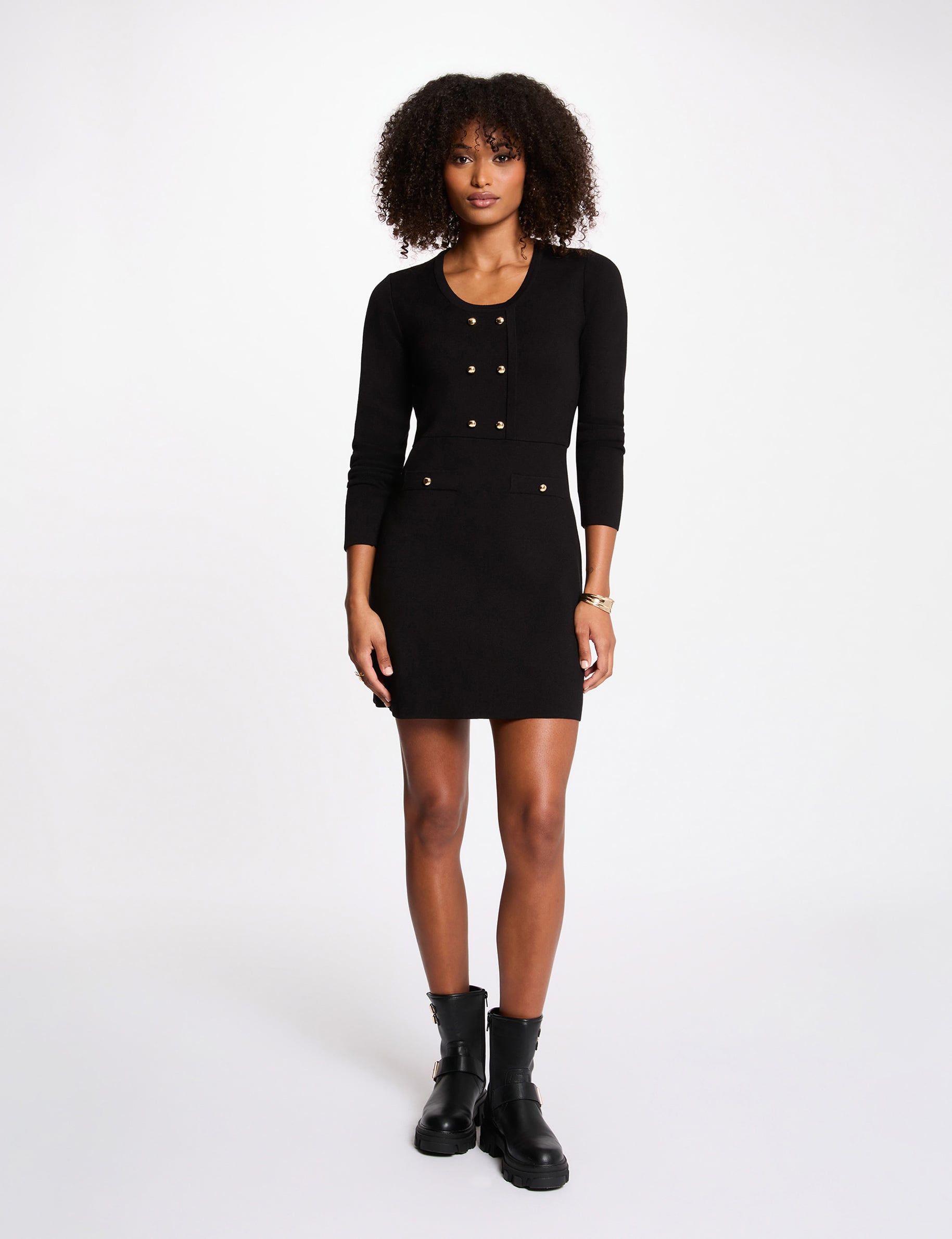Robe tricot courte trap&egrave;ze noir femme
