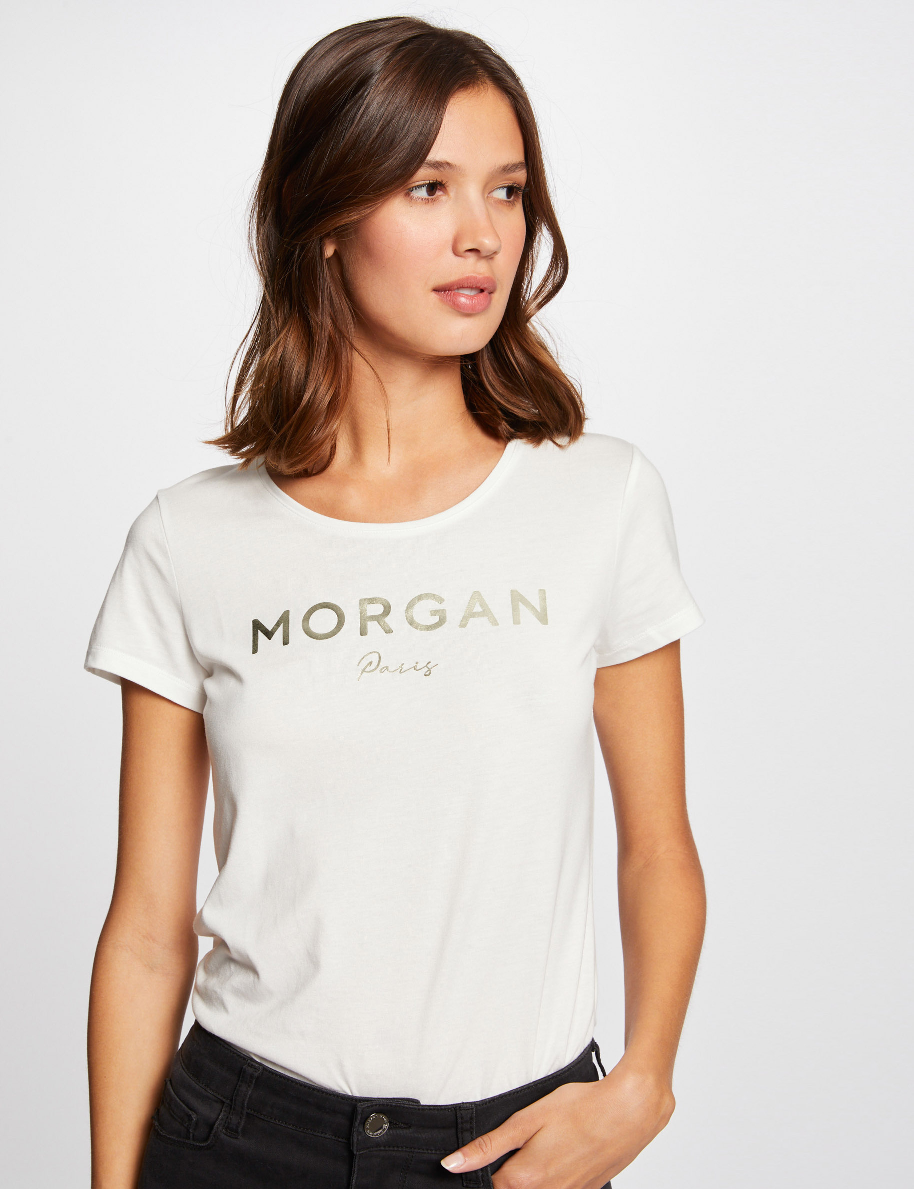 T-shirt manches courtes à inscription ecru femme T-shirt manches courtes à inscription ecru femme