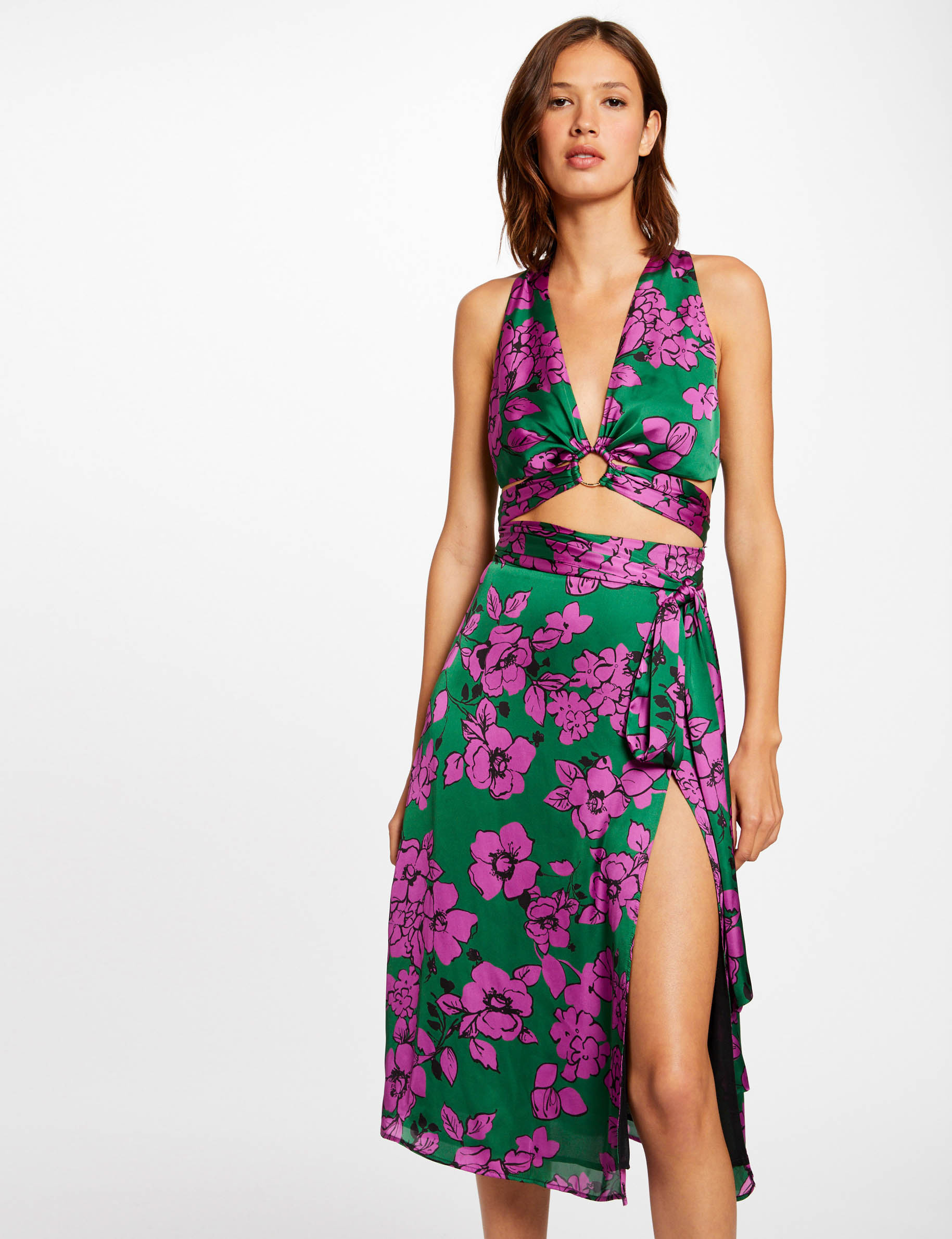 robe ajustee fendue imprime floral violet femme Robe ajustée fendue imprimé floral violet femme