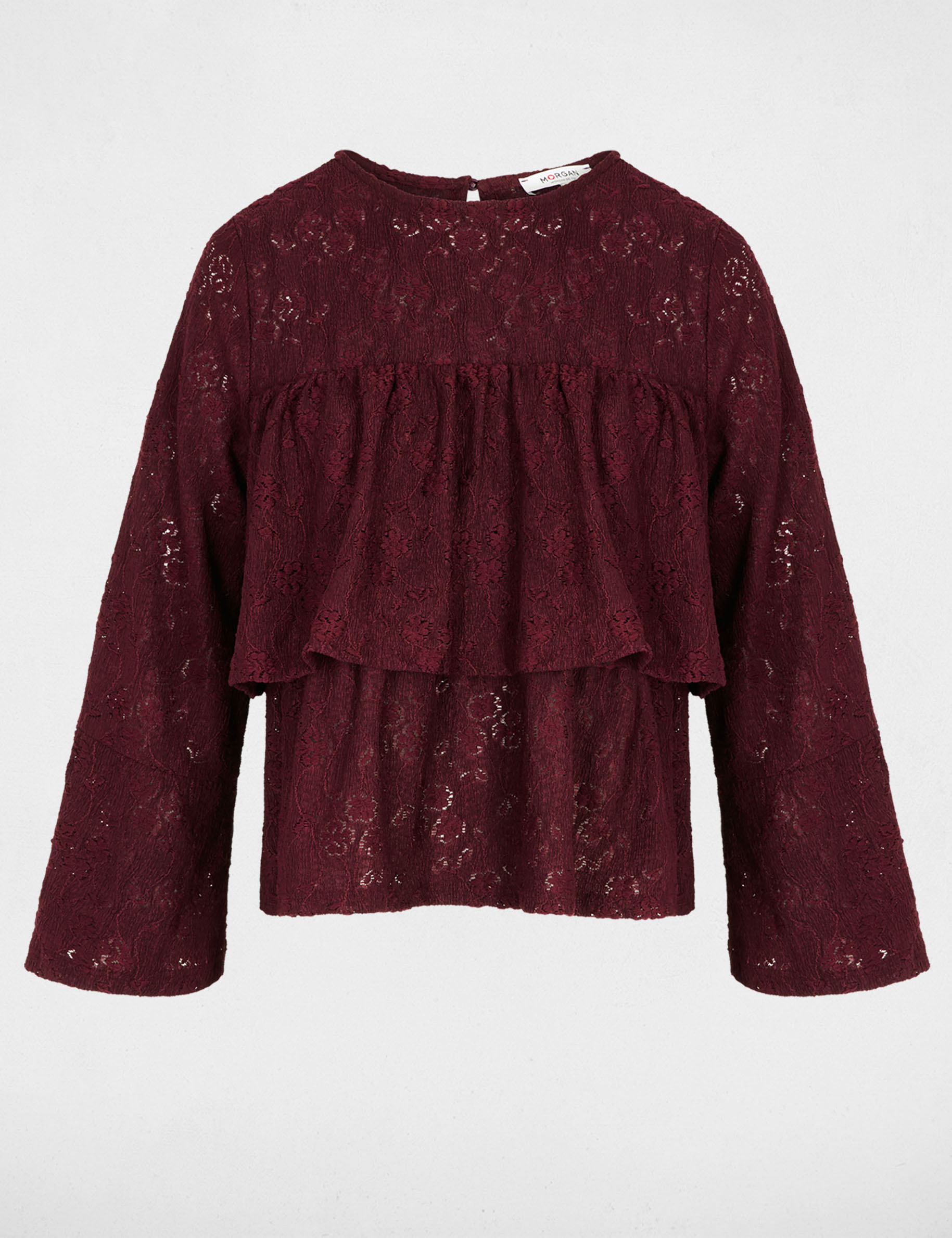 T-shirt dentelle volants bordeaux femme