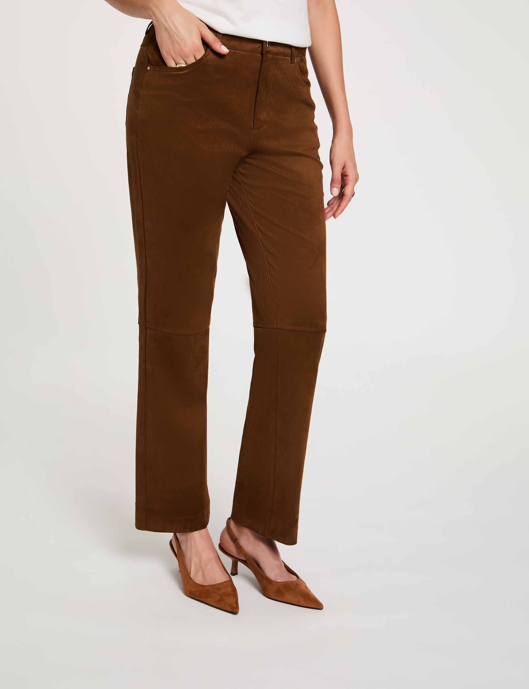 Pantalon droit su&eacute;dine marron chocolat femme