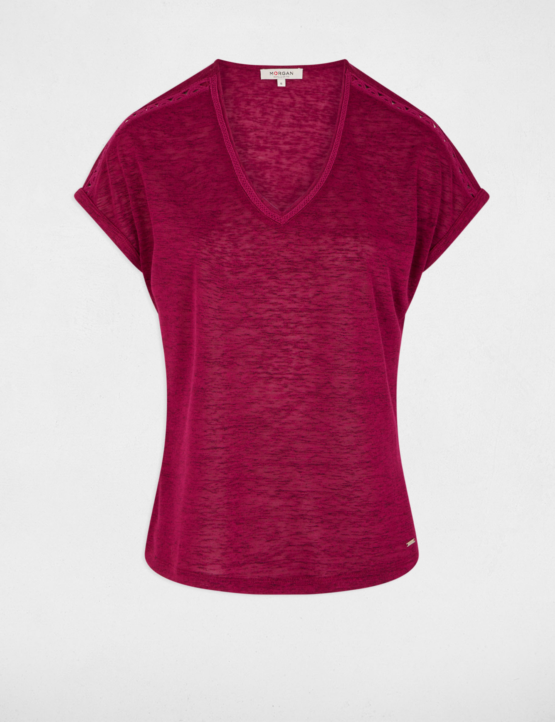 T-shirt col v manches courtes prune femme