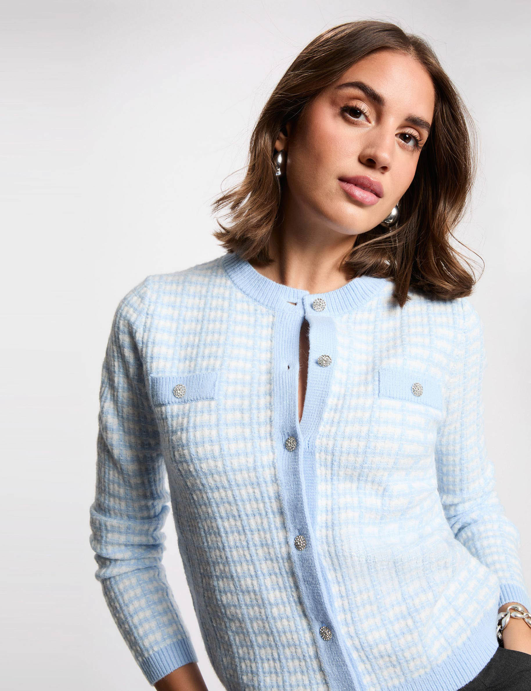 Gilet ajust&eacute; jacquard bleu ciel femme