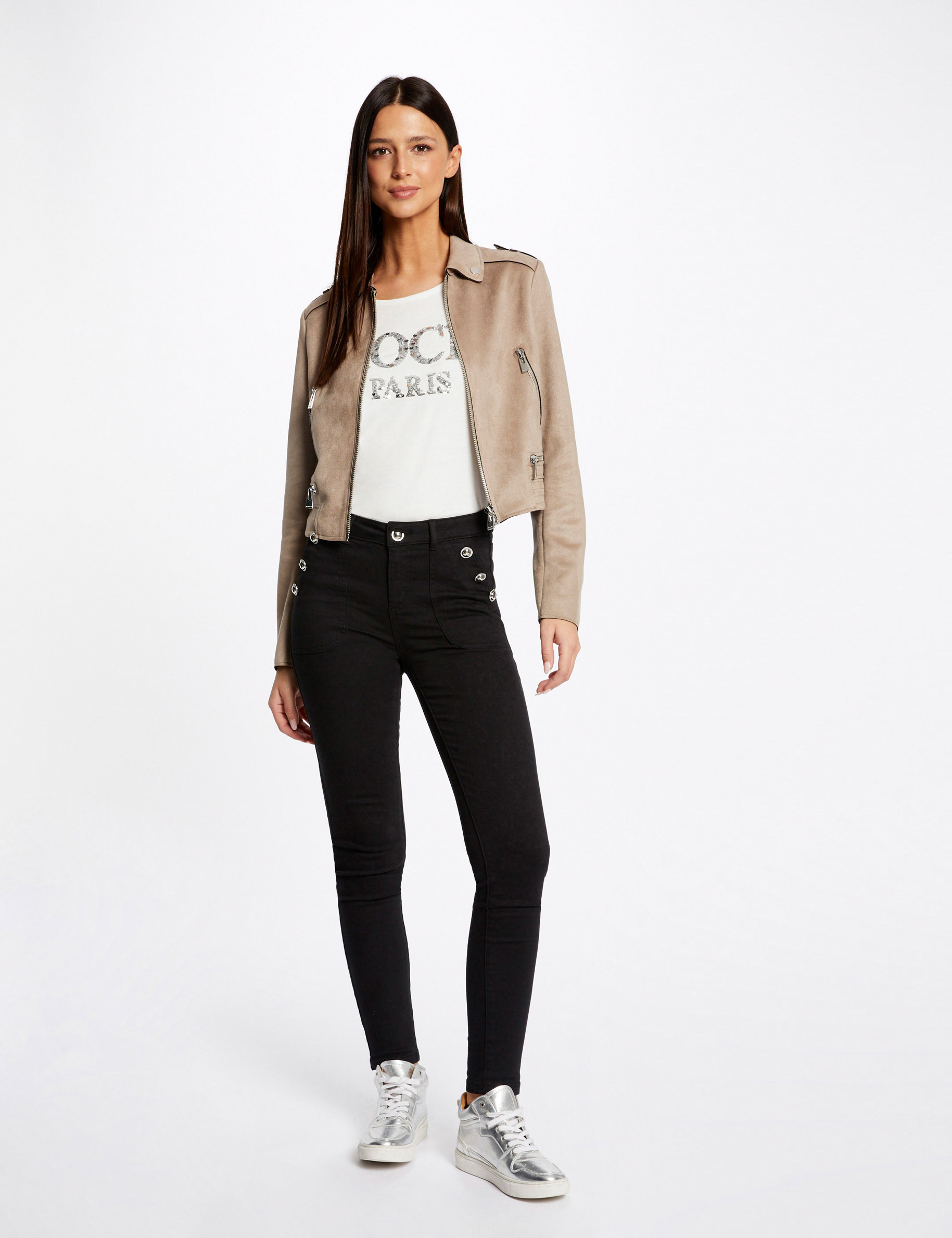 Image of Pantalon skinny boutons aux poches noir femme