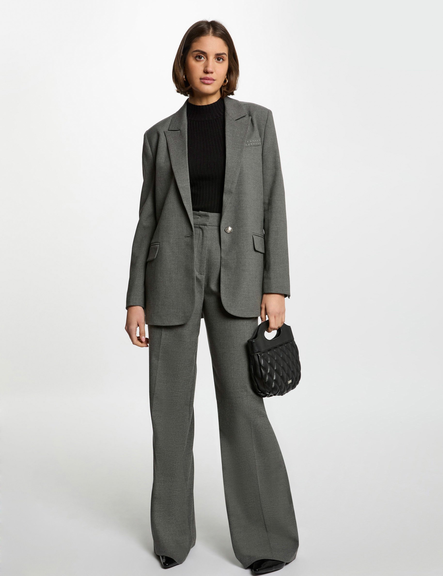 veste longue details cloutes gris clair femme Veste longue détails cloutés gris clair femme