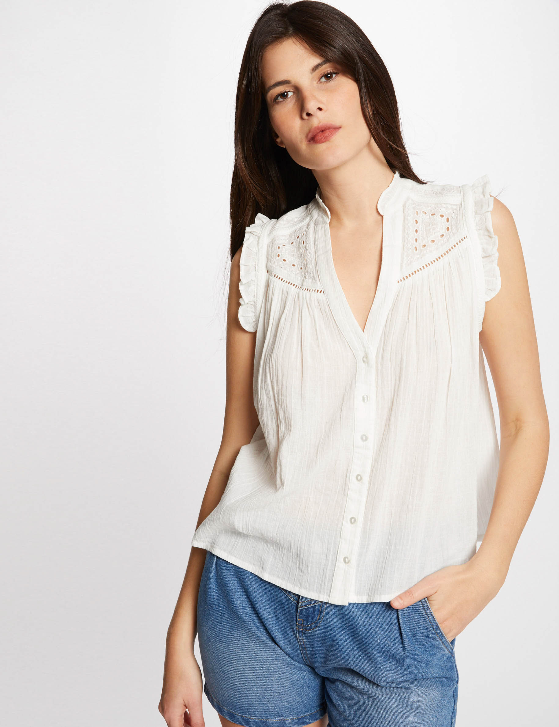 Chemise sans manches avec broderie ecru femme Chemise sans manches avec broderie ecru femme