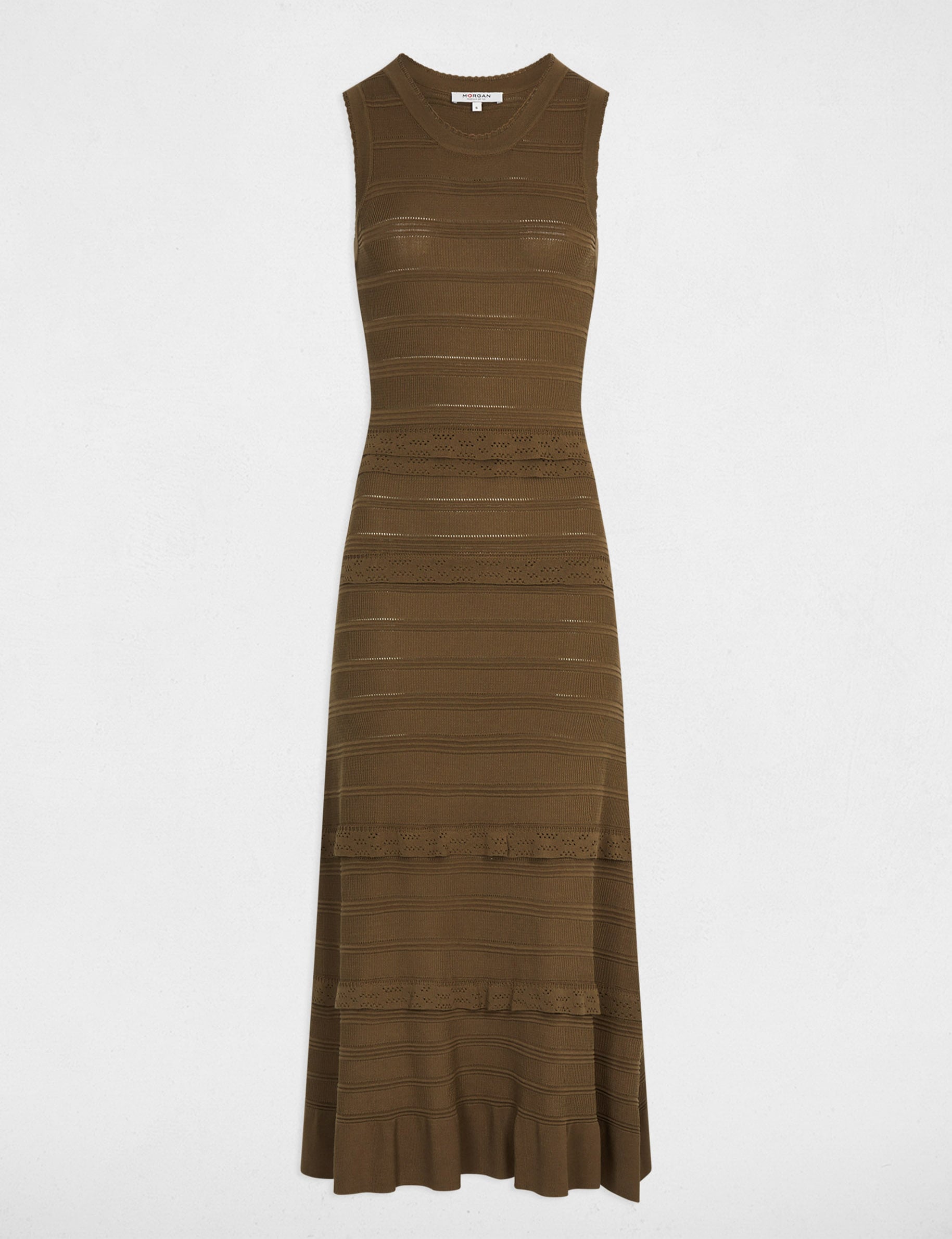 Robe tricot longue cintr&eacute;e vert kaki femme