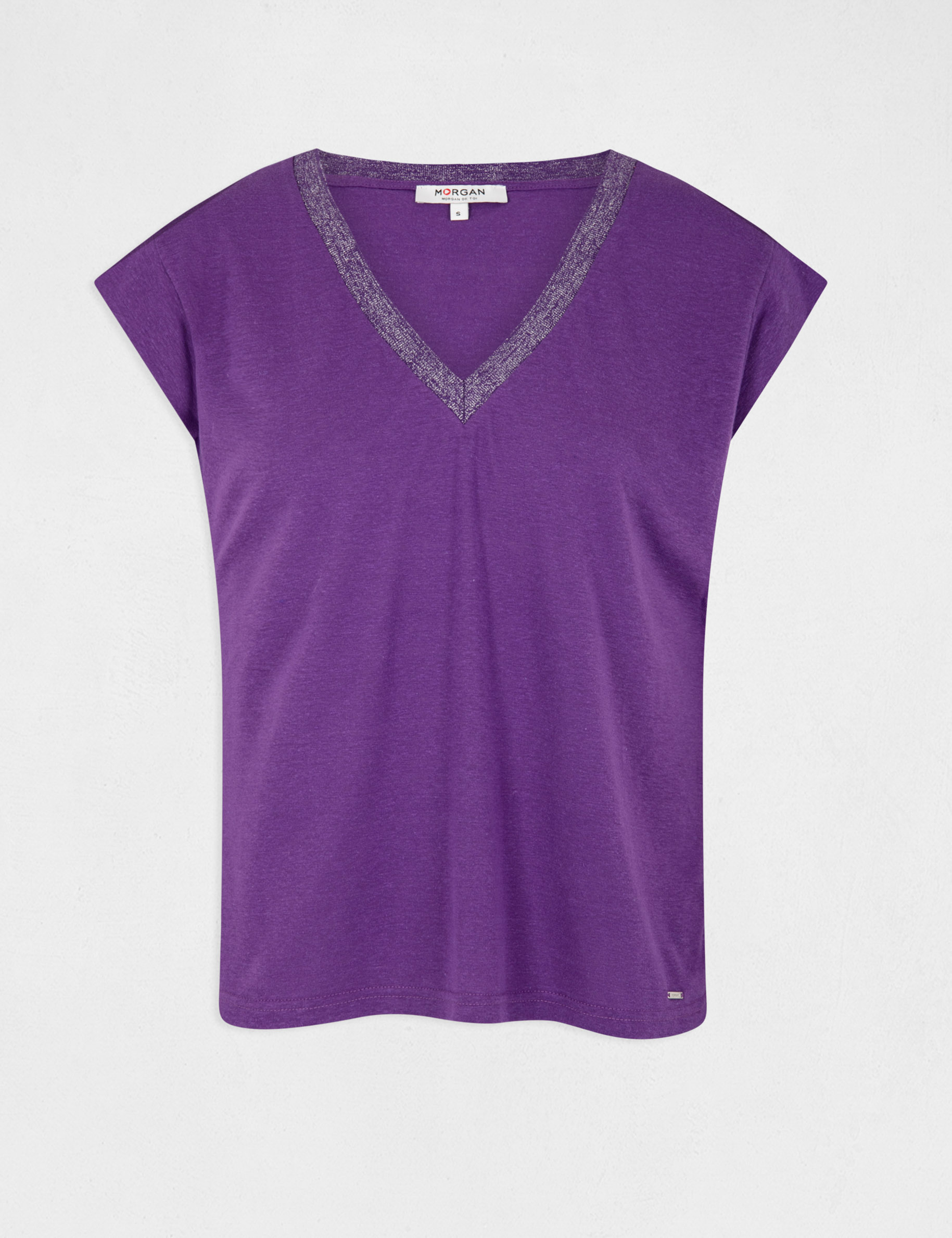 T-shirt manches courtes à col en V violet fonce femme T-shirt manches courtes à col en V violet fonce femme
