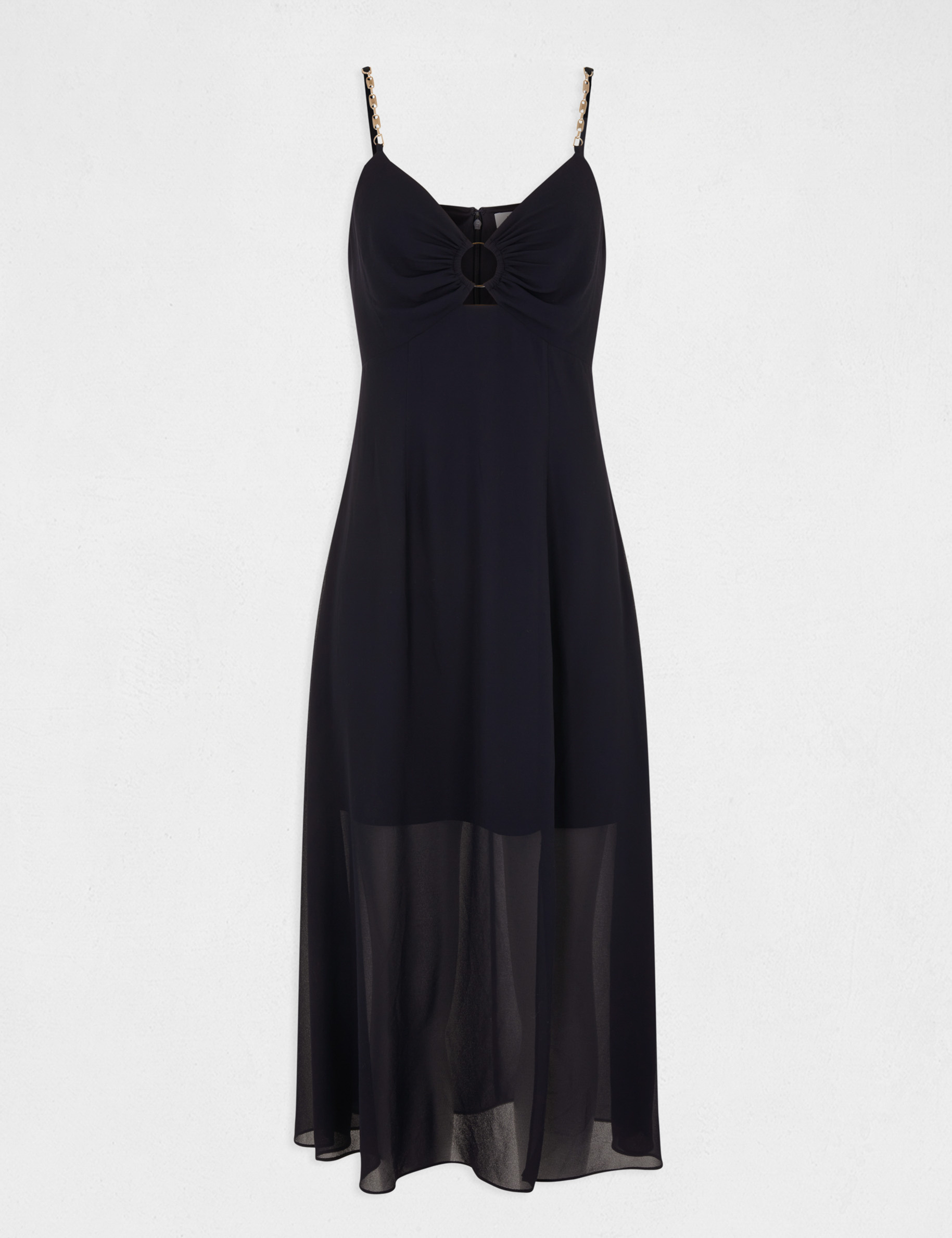 Robe midi évasée bretelles chaînes marine femme Robe midi évasée bretelles chaînes marine femme