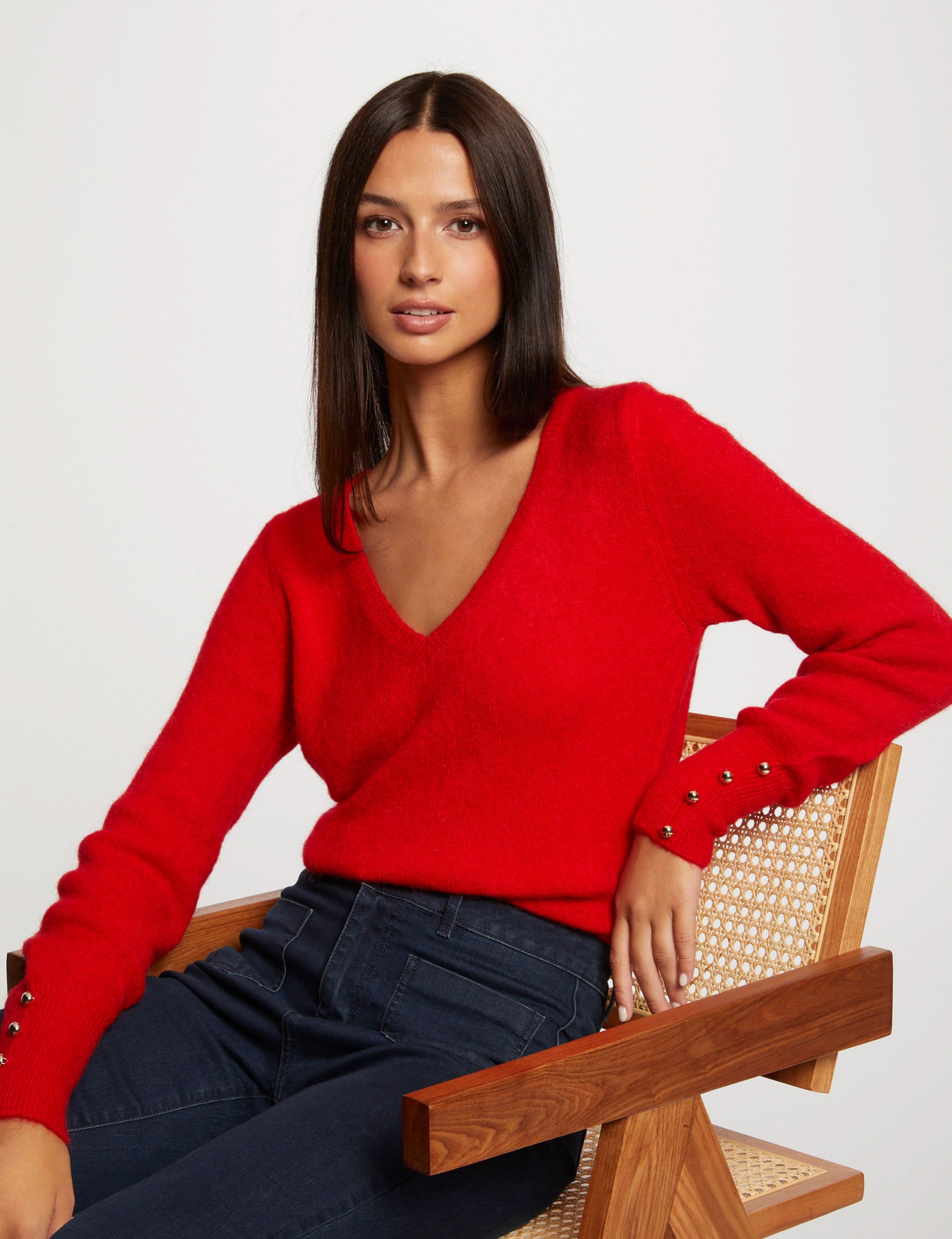 pull manches longues col en v rouge femme Pull manches longues col en V rouge femme