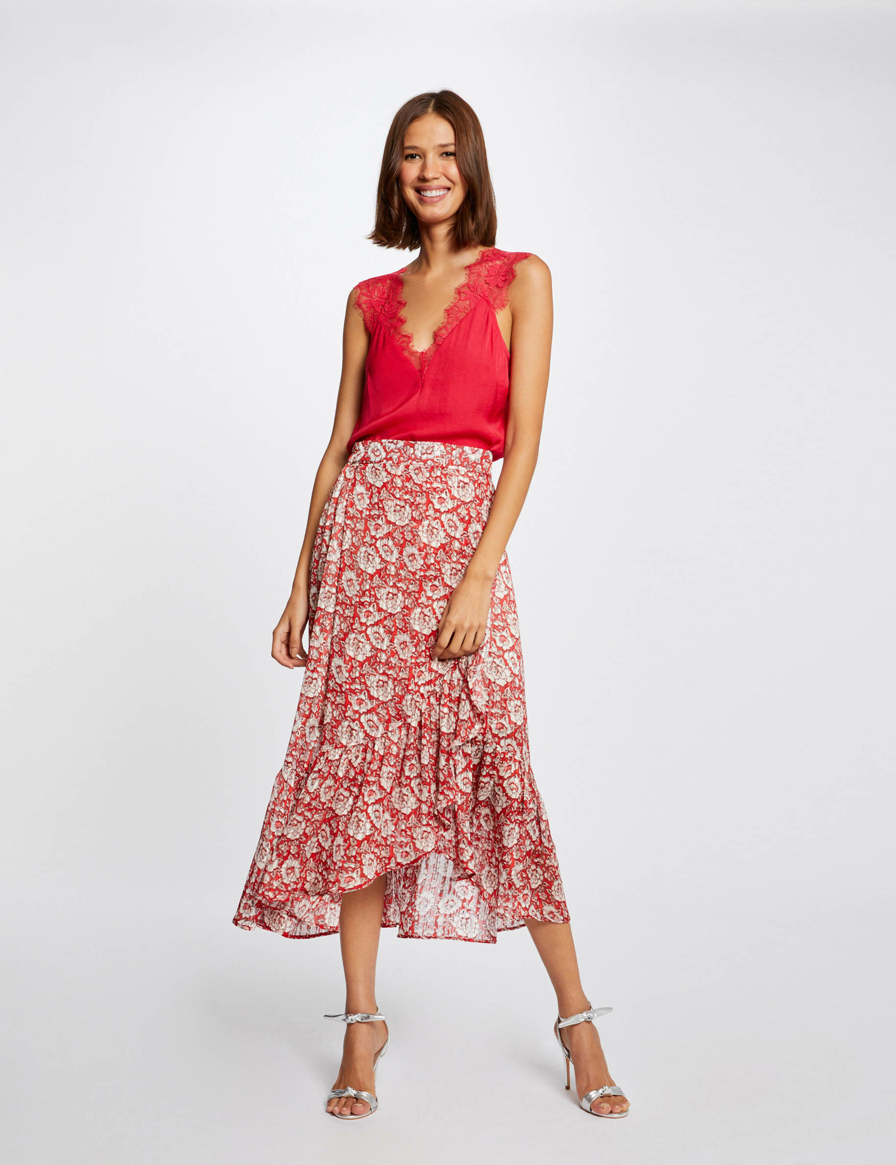 Jupe midi évasée imprimé floral rouge femme