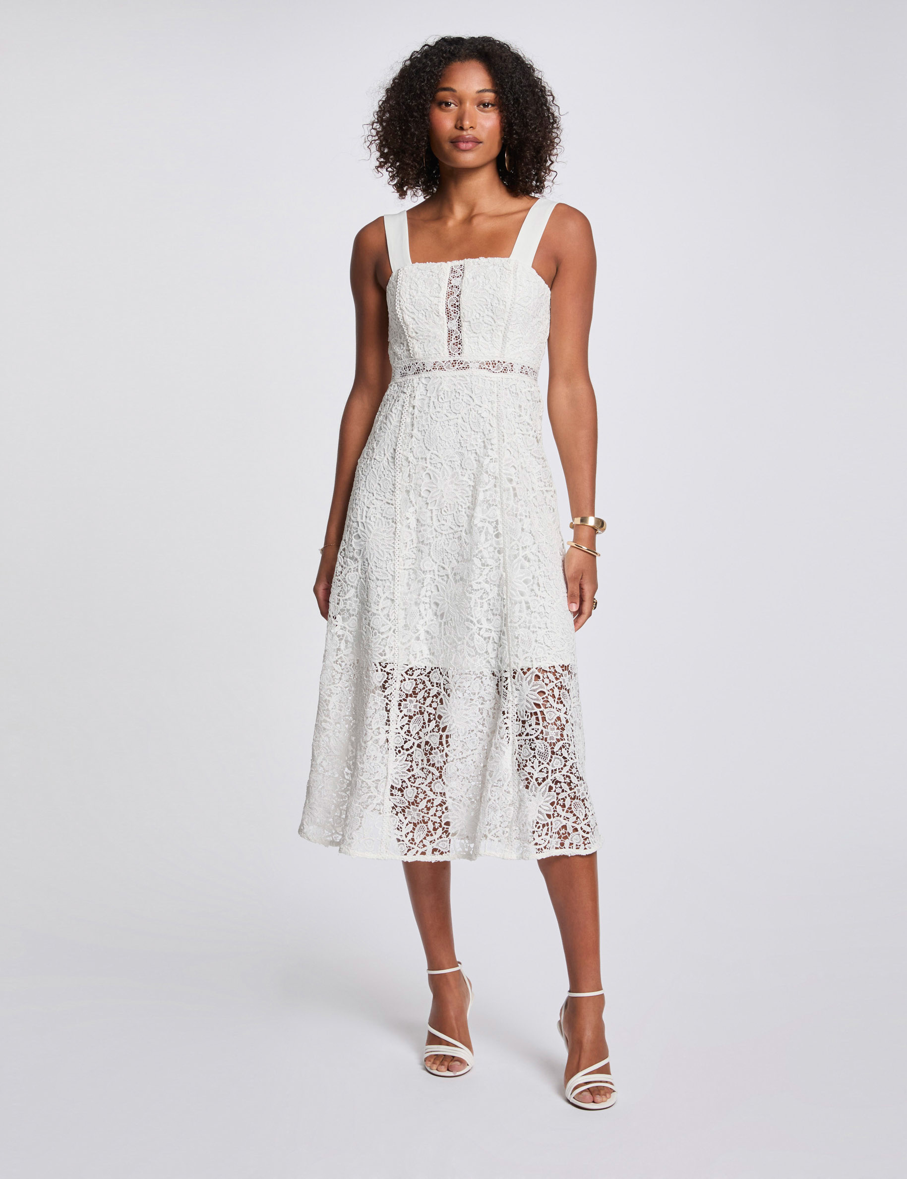 Robe midi trap&egrave;ze dentelle blanc femme