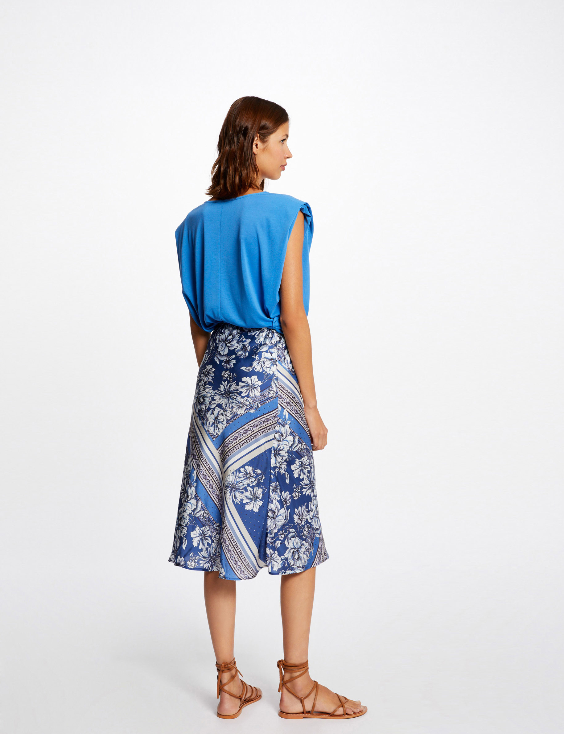 Jupe évasée taille haute imprimé floral bleu femme Jupe évasée taille haute imprimé floral bleu femme