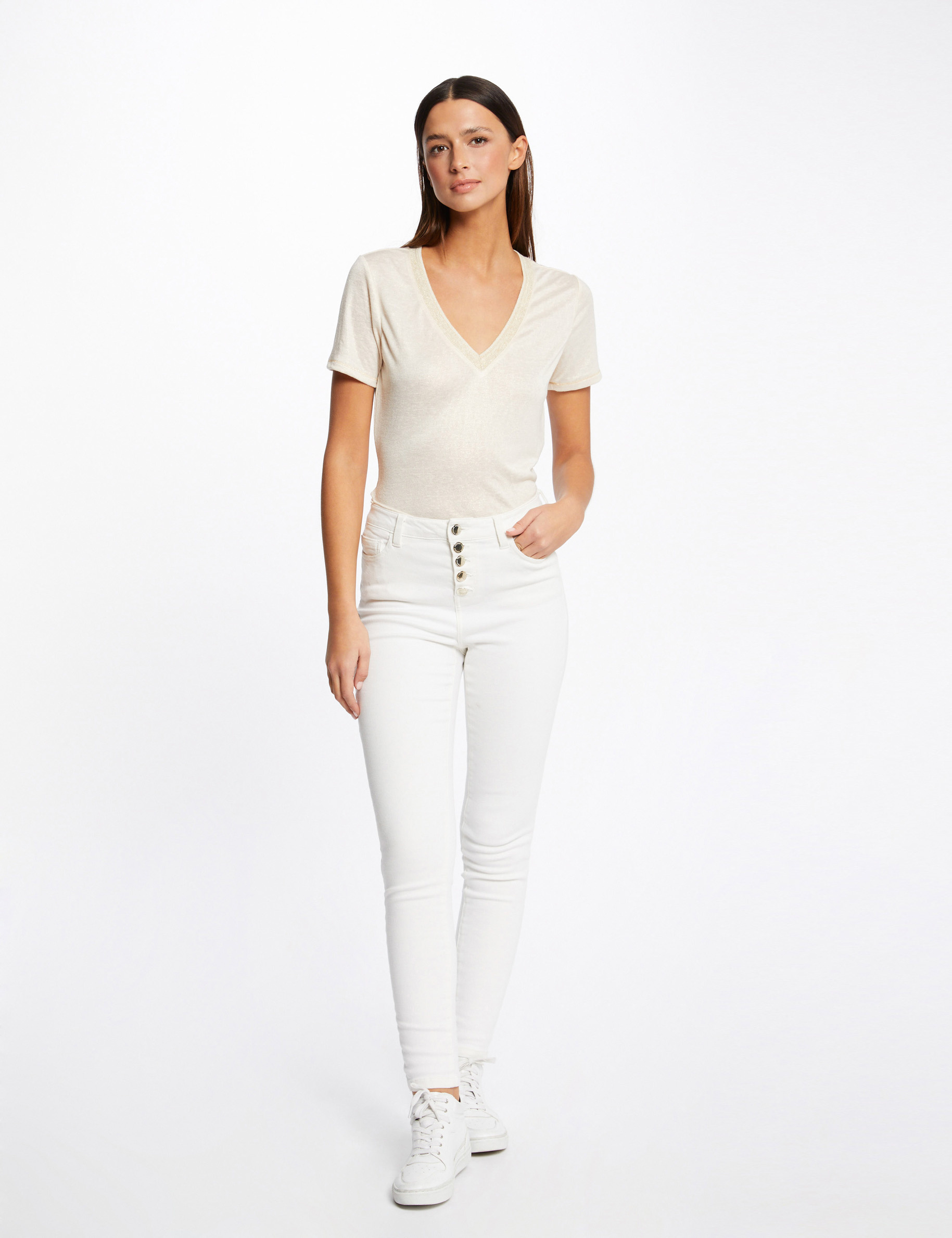 T-shirt manches courtes col en V ivoire femme T-shirt manches courtes col en V ivoire femme