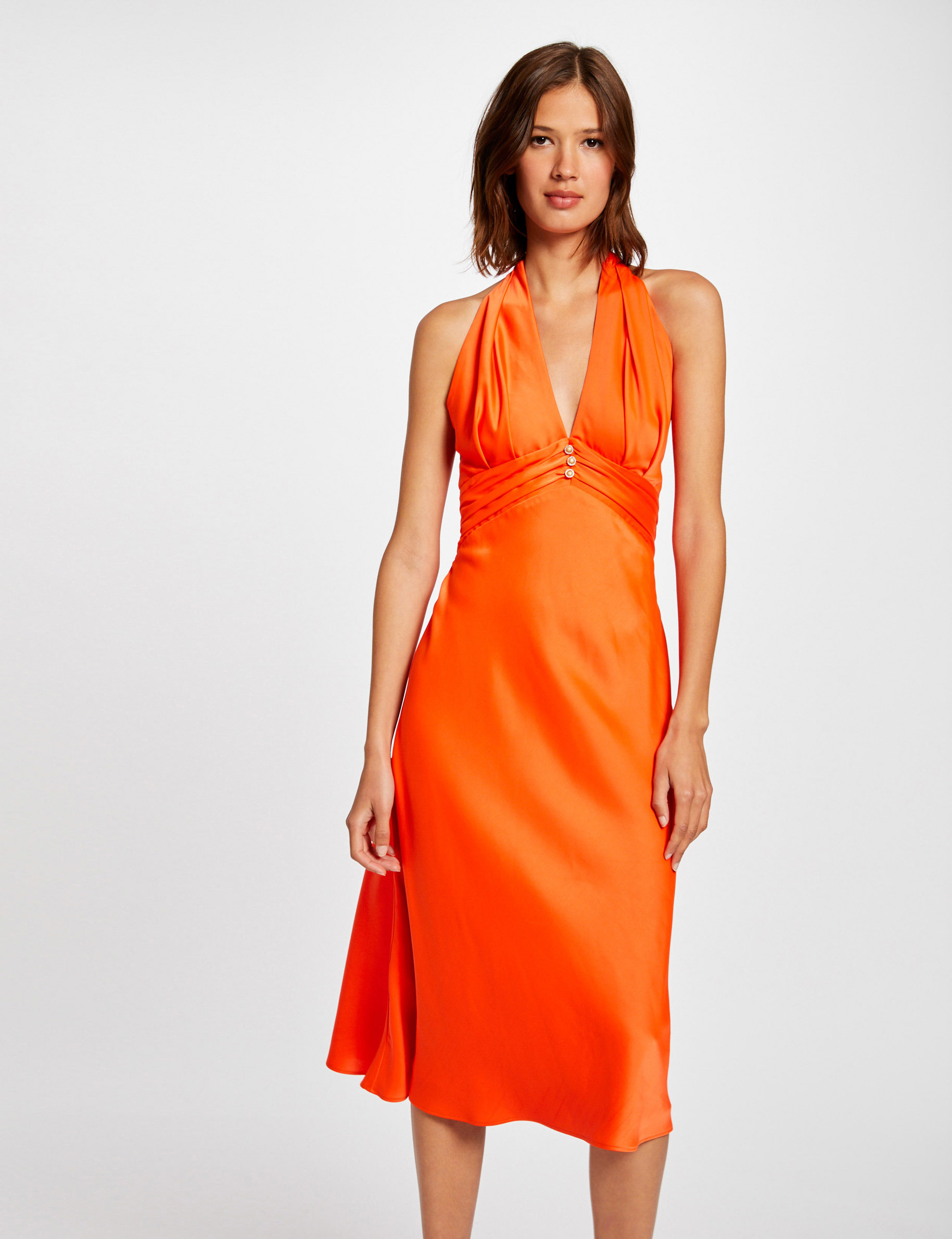 Robe midi évasée bretelles larges orange femme Robe midi évasée bretelles larges orange femme