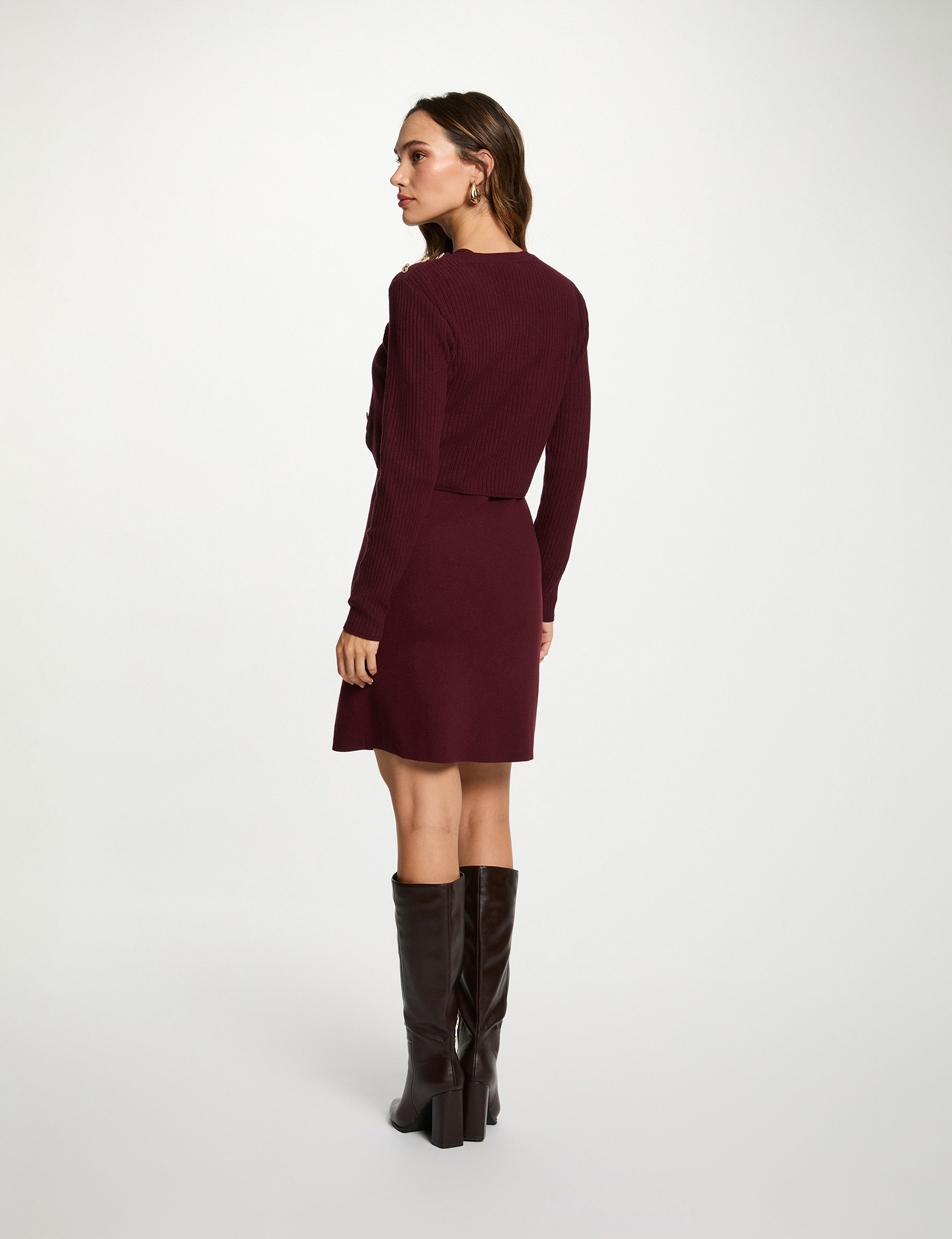 Robe tricot courte effet 2-en-1 prune femme