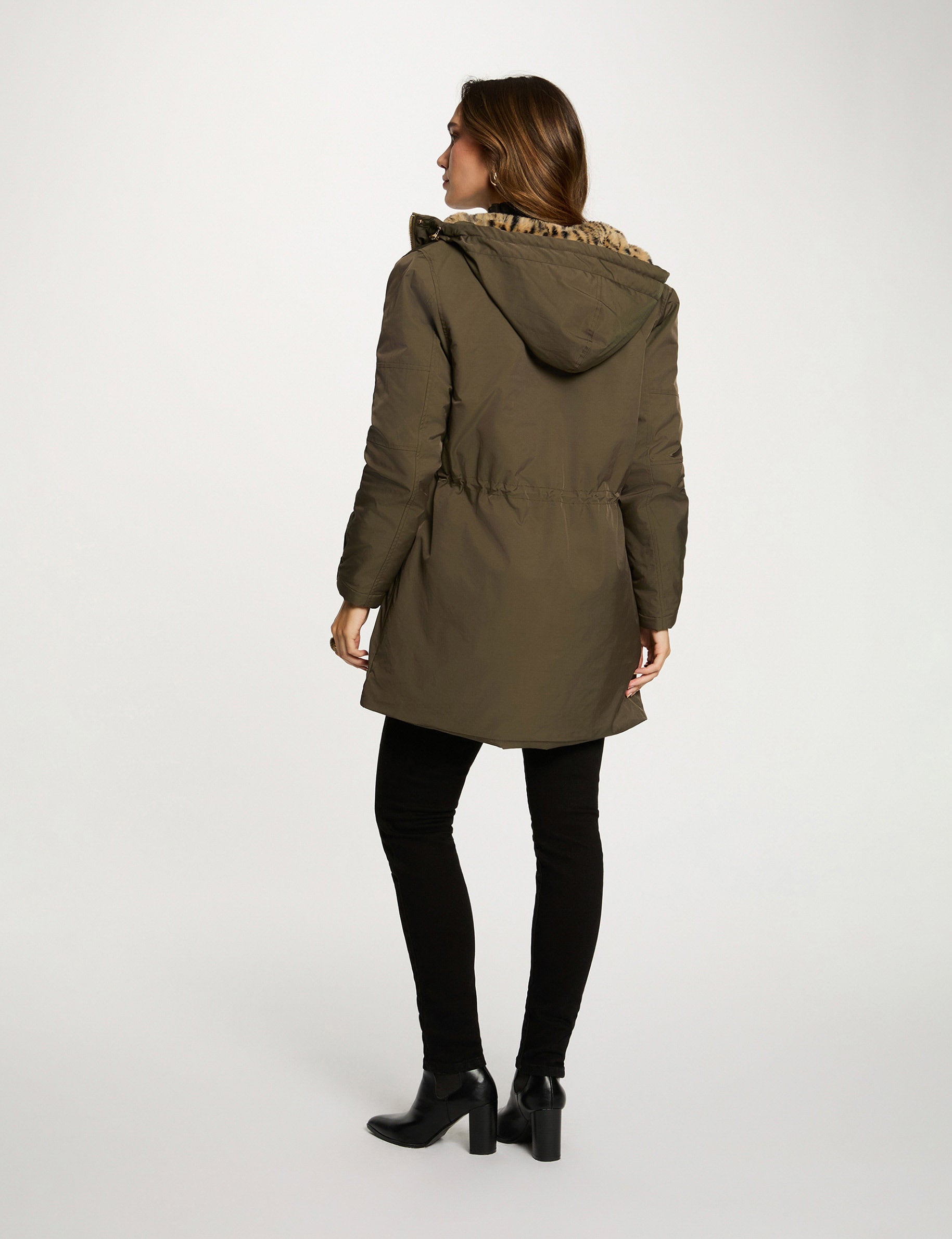 Parka longue fausse fourrure vert kaki femme