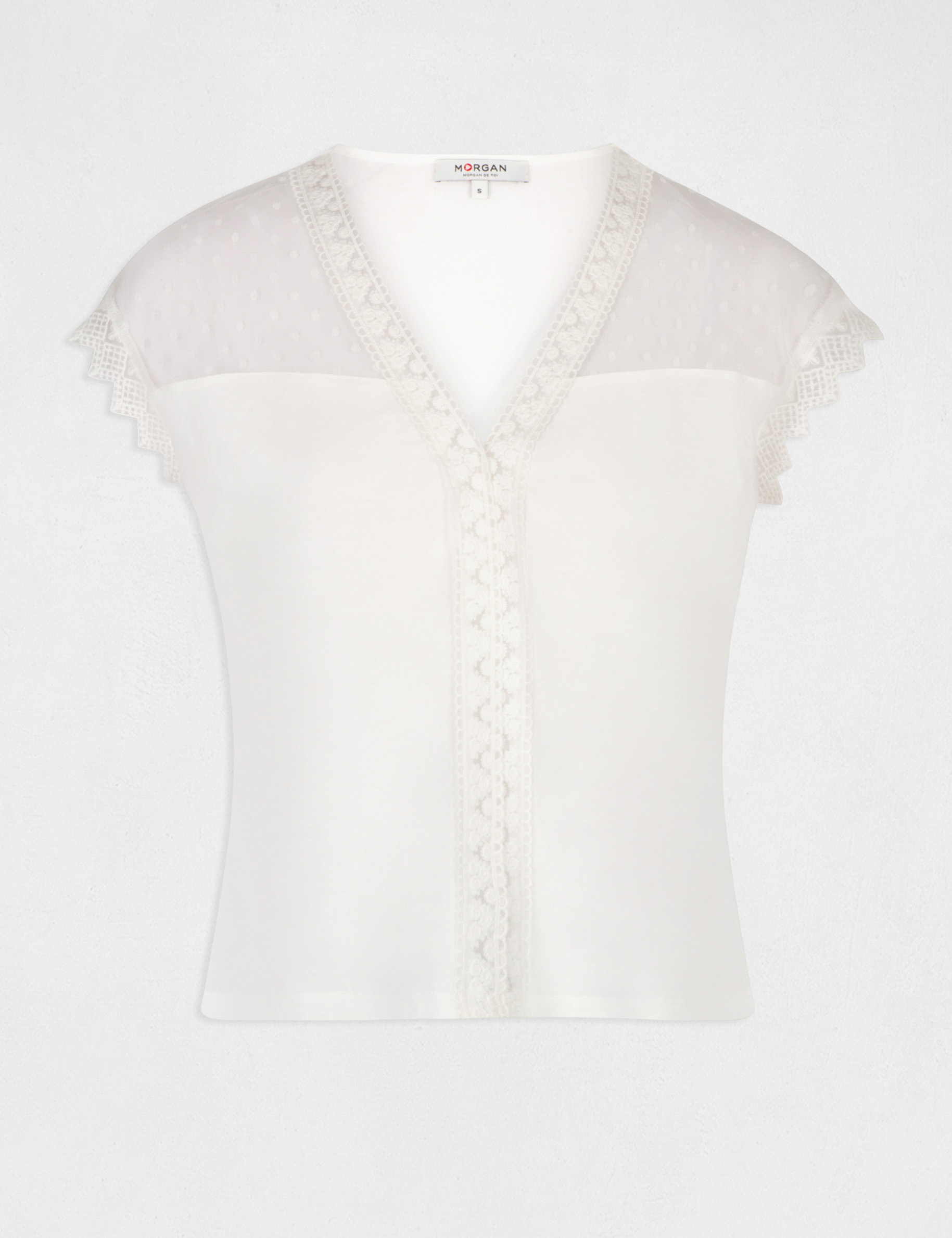 T-shirt manches courtes à plumetis ecru femme T-shirt manches courtes à plumetis ecru femme