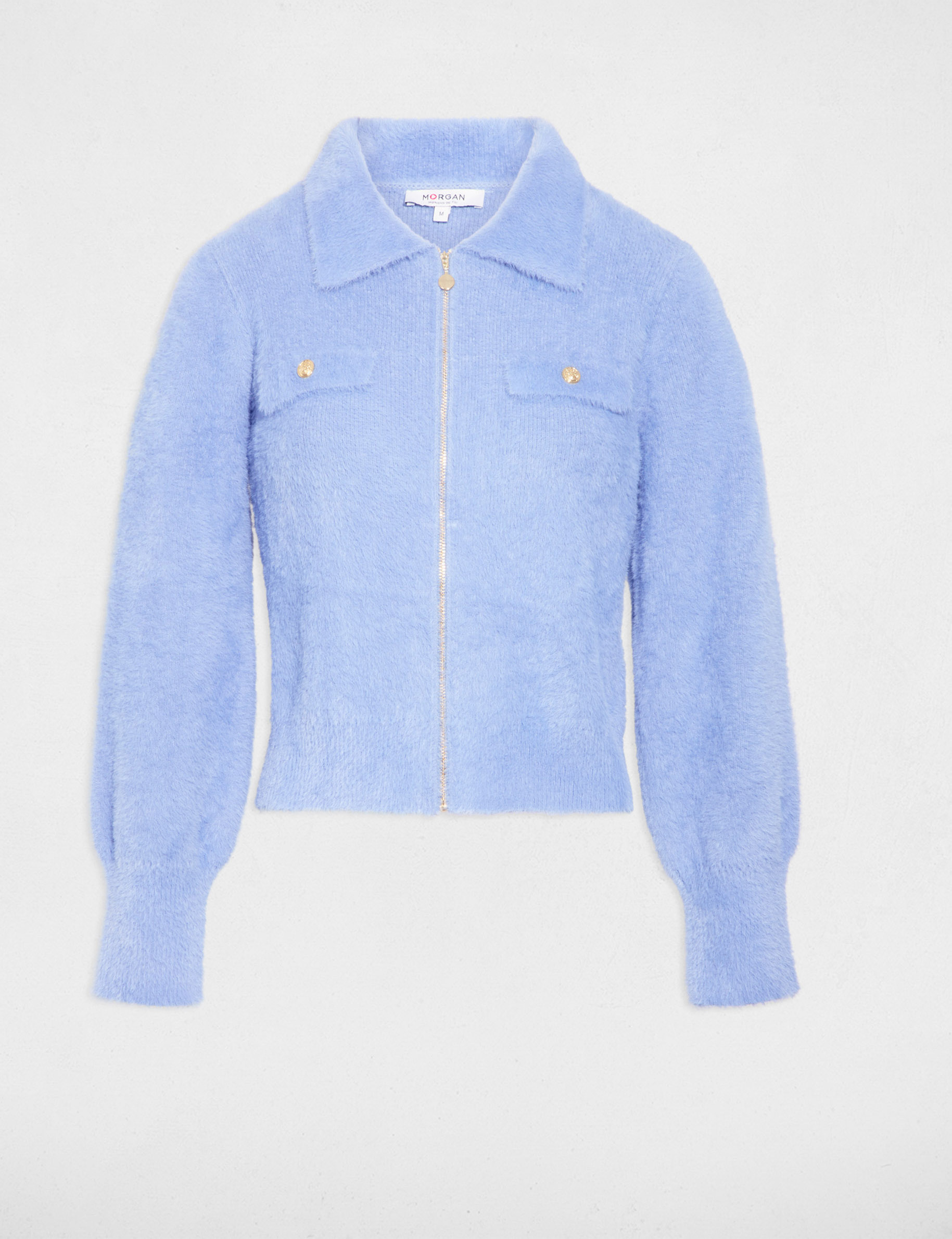 Gilet manches longues col &agrave; revers bleu femme