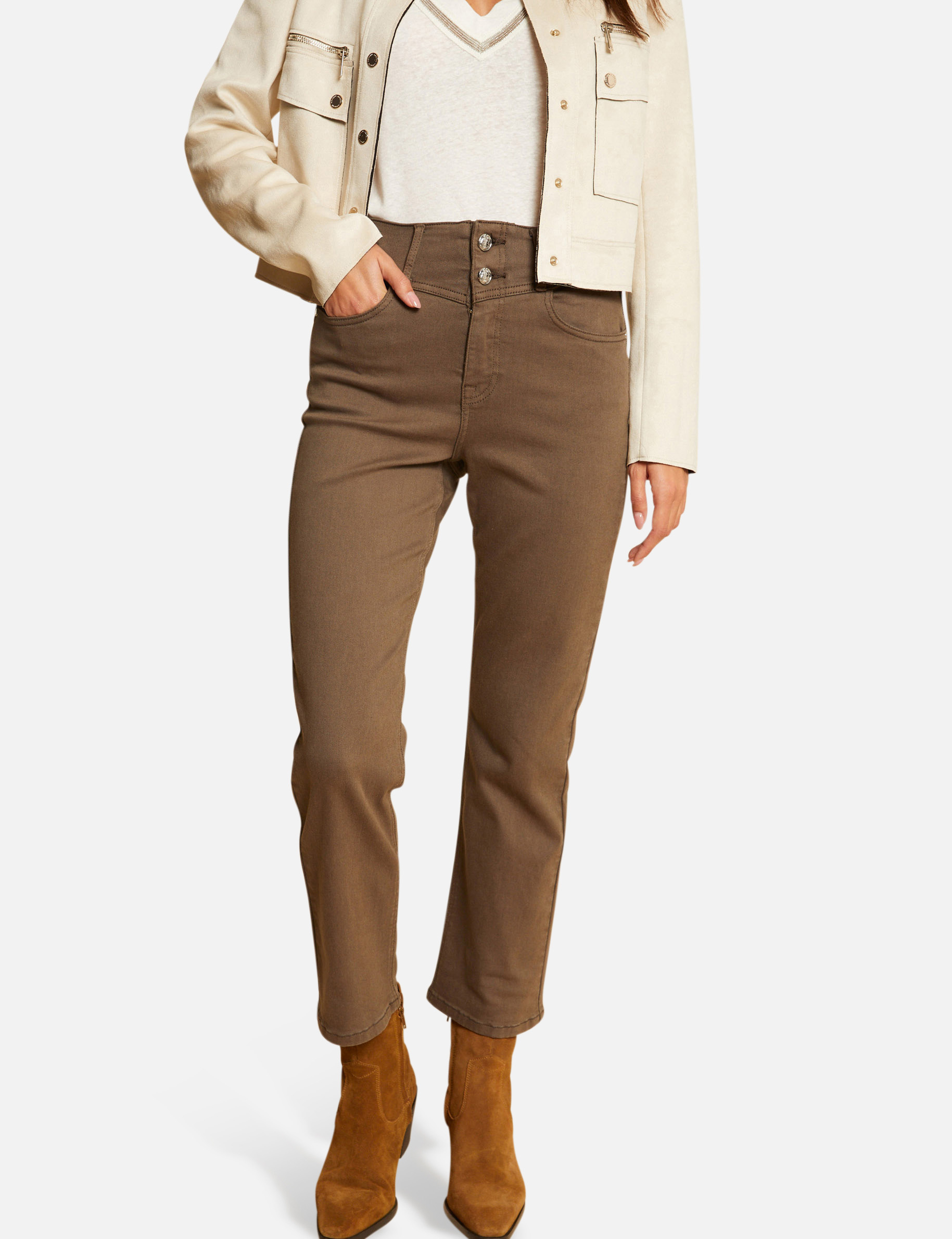 Pantalon droit taille haute 7/8ème vert kaki femme